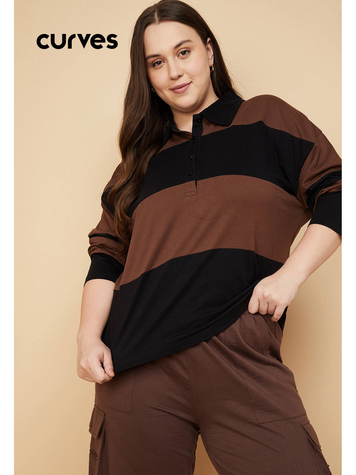 Brown Cotton Full Sleeves Stripes Polo T-Shirt | PW43 - view 1