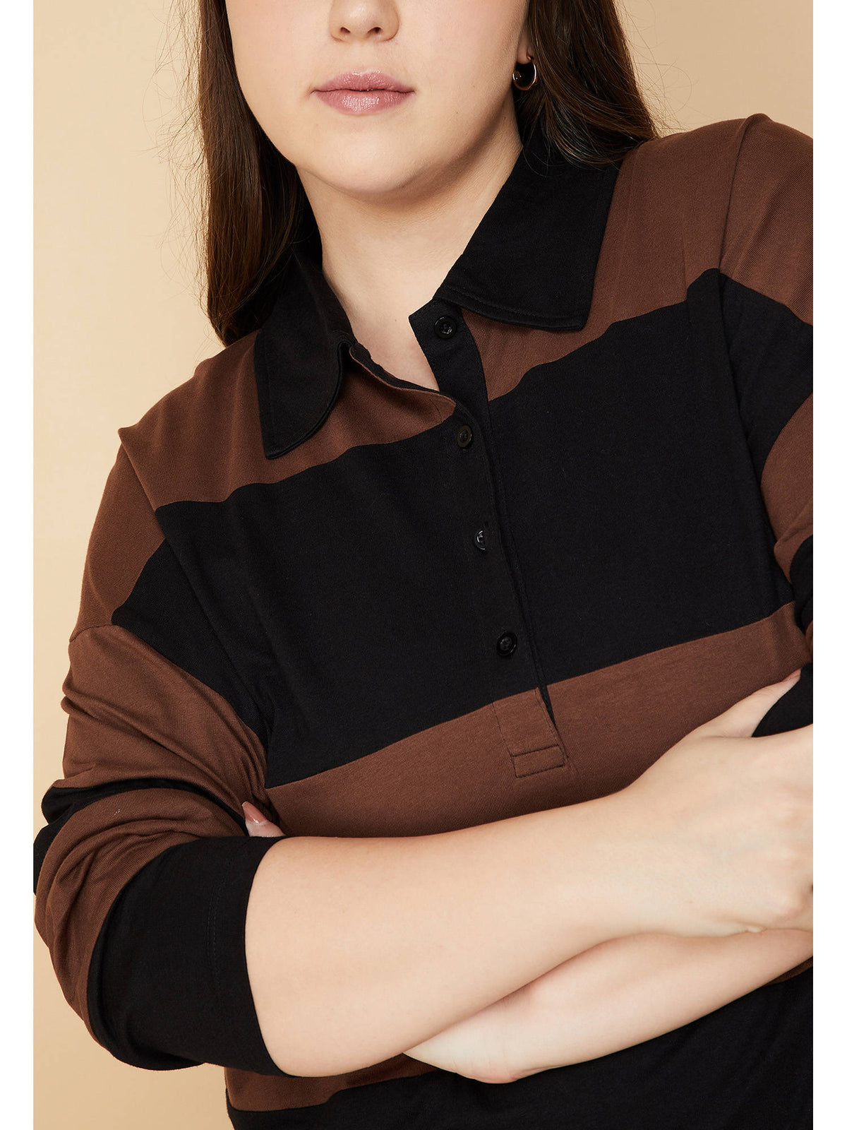 Brown Cotton Full Sleeves Stripes Polo T-Shirt | PW43 - view 4