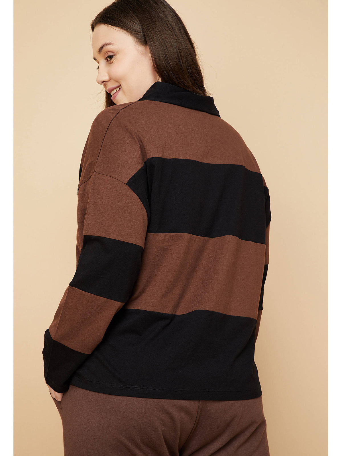 Brown Cotton Full Sleeves Stripes Polo T-Shirt | PW43 - view 5