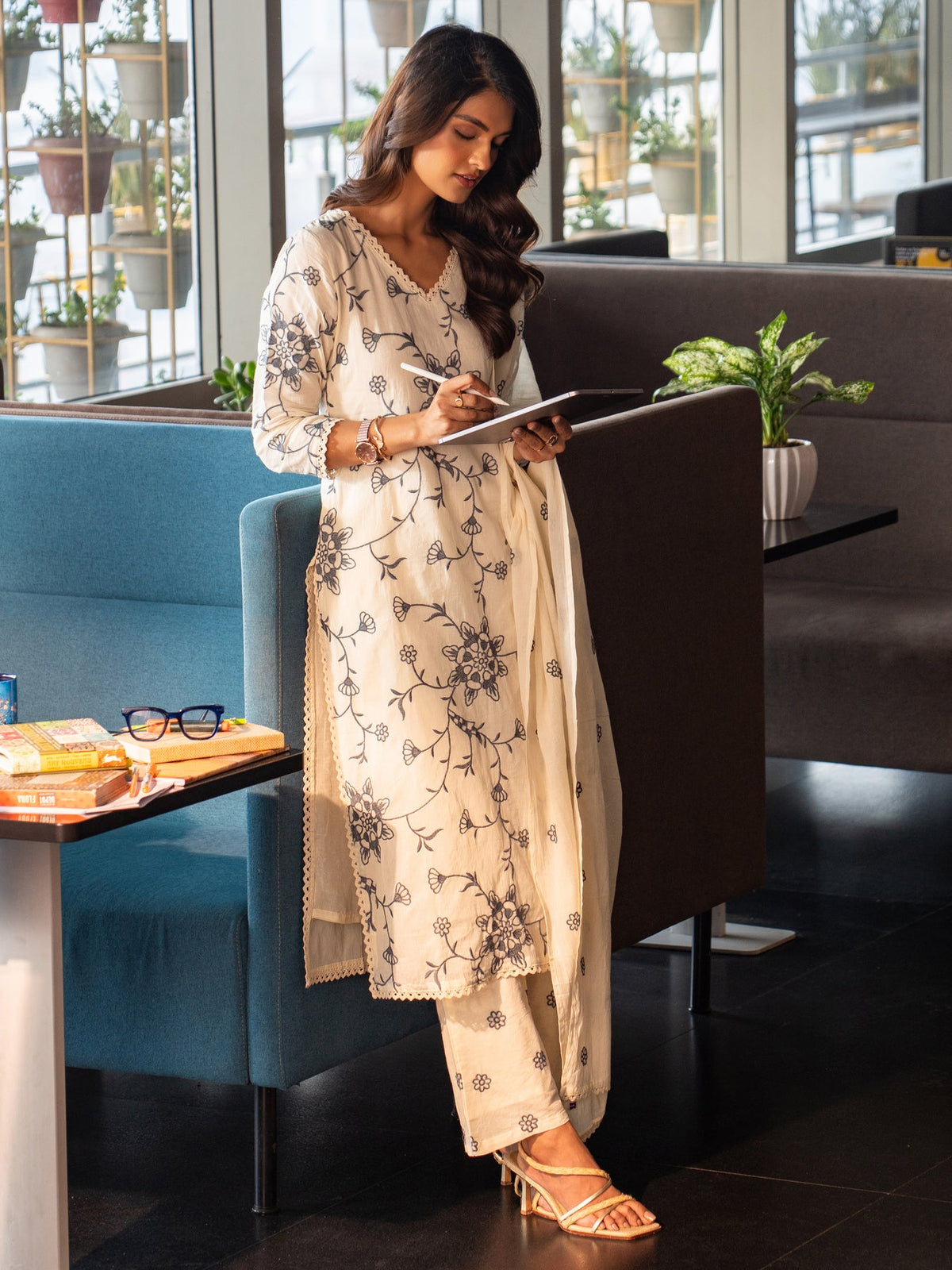 Libas Off White Embroidered Cotton Straight Suit Set With Dupatta KS67