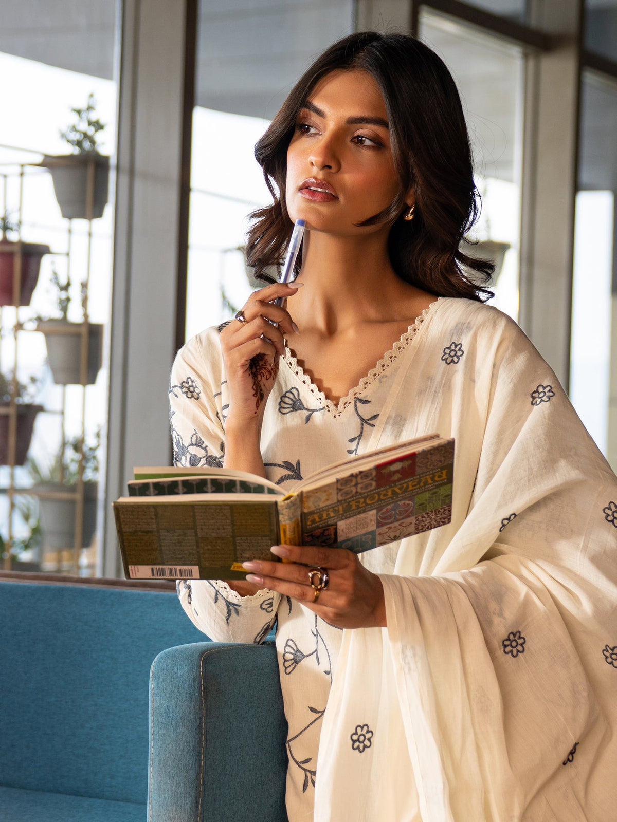 Libas Off White Embroidered Cotton Straight Suit Set With Dupatta KS67