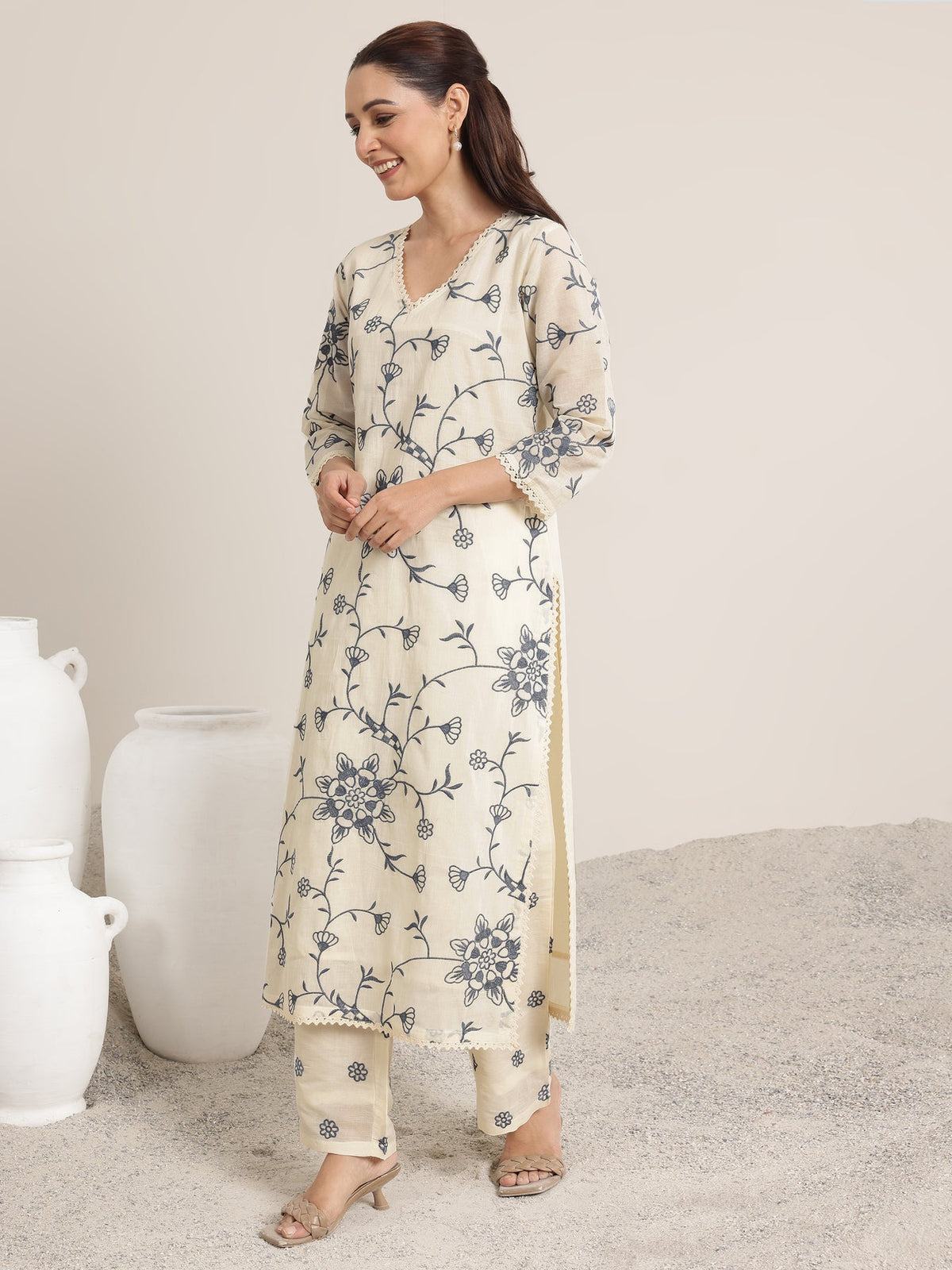 Libas Off White Embroidered Cotton Straight Suit Set With Dupatta KS67