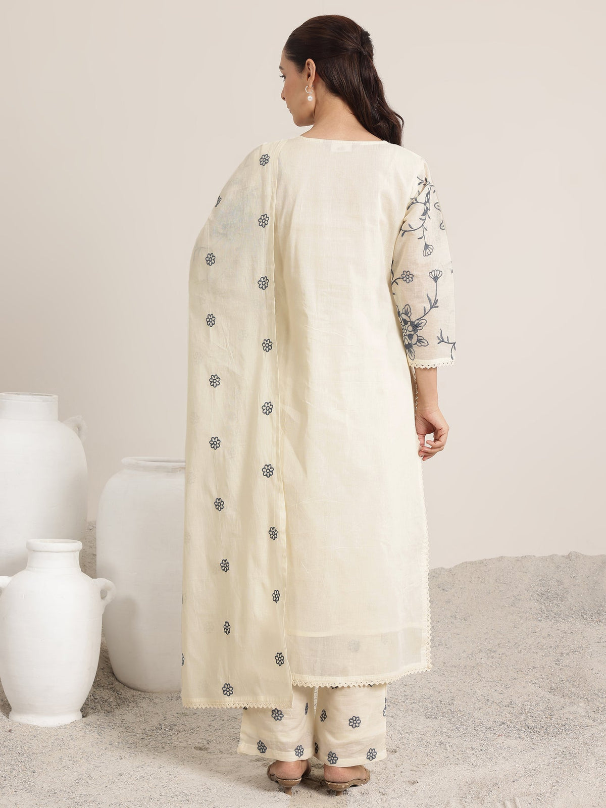 Libas Off White Embroidered Cotton Straight Suit Set With Dupatta KS67