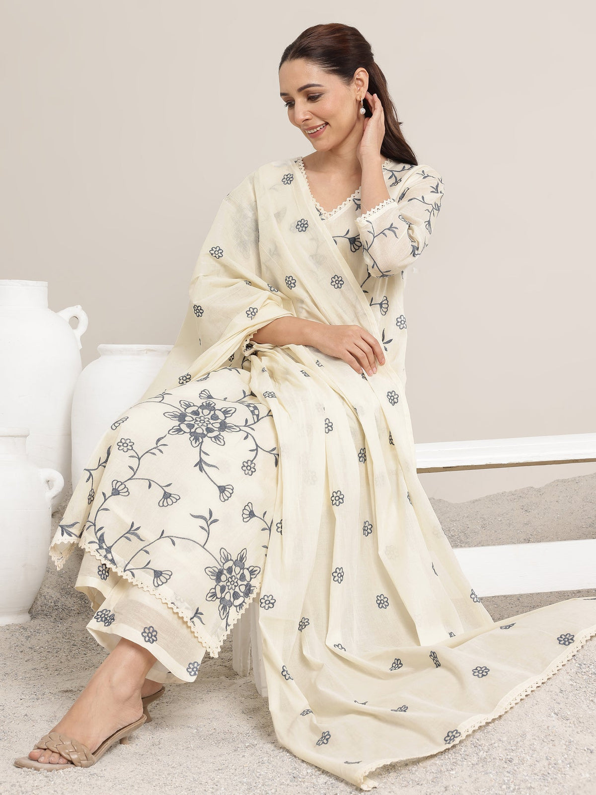 Libas Off White Embroidered Cotton Straight Suit Set With Dupatta KS67