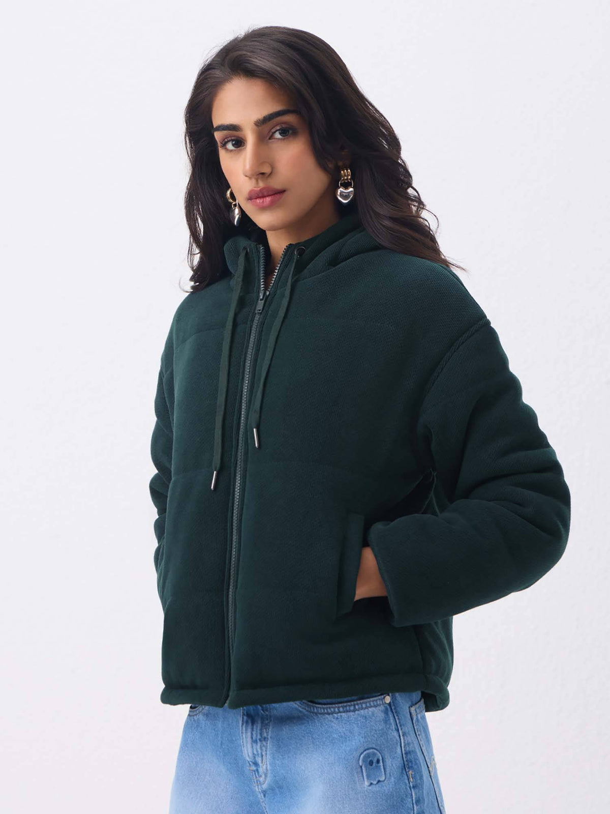 Women Bottle Green Solid Puffer Jacket | JC78 - view 1