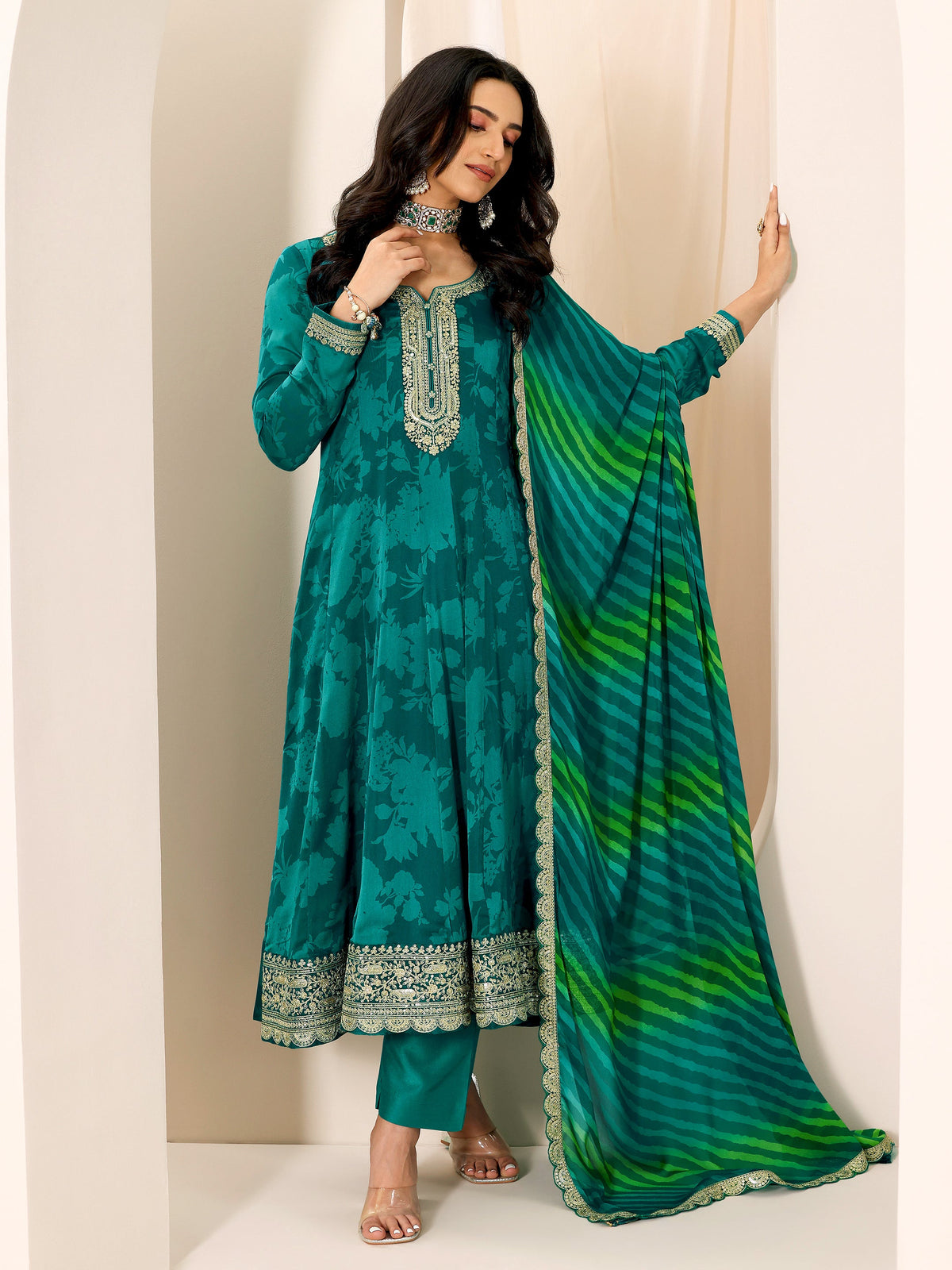 Libas Rama Printed Silk Chiffon Anarkali Suit Set With Dupatta