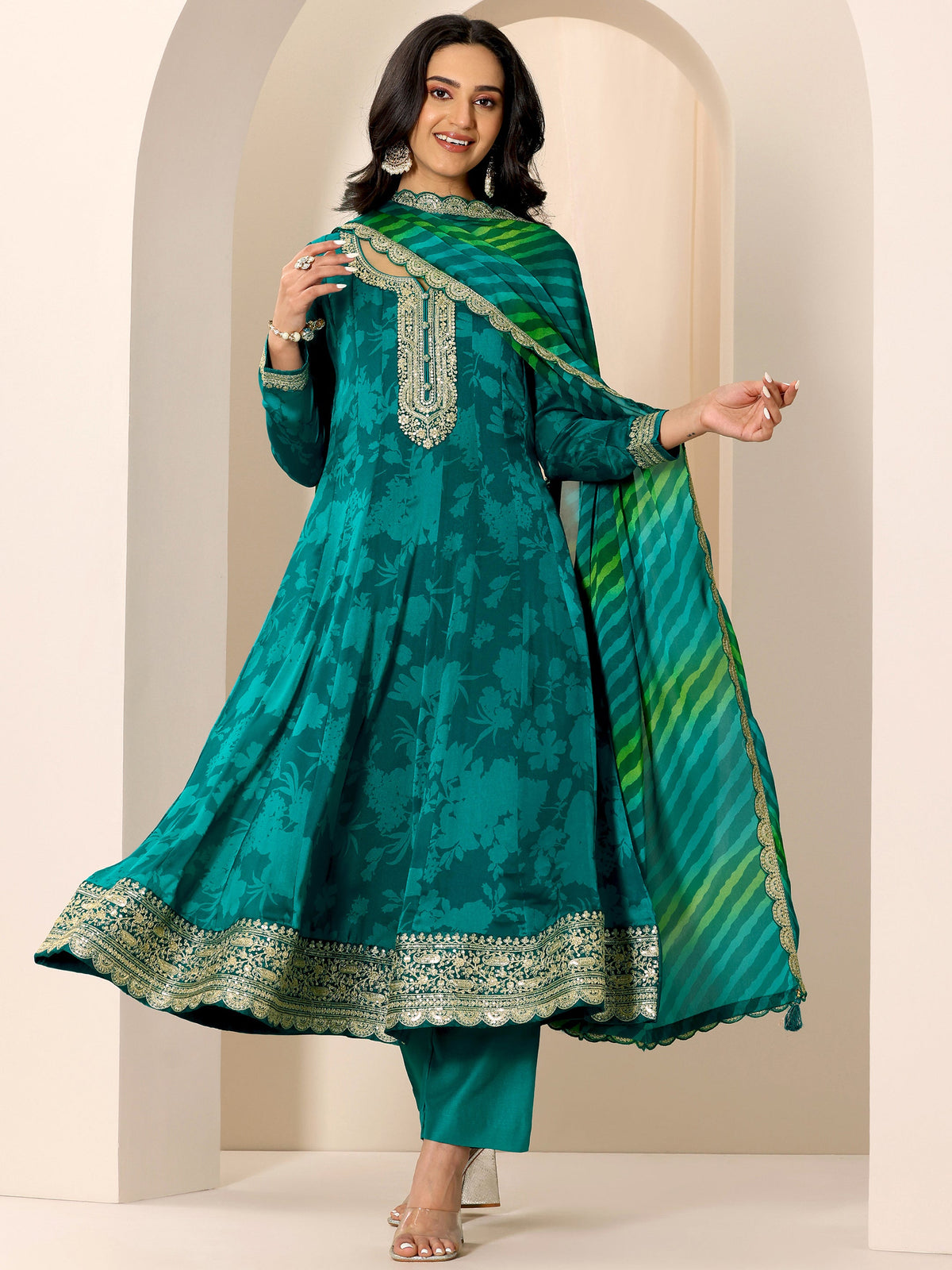 Libas Rama Printed Silk Chiffon Anarkali Suit Set With Dupatta