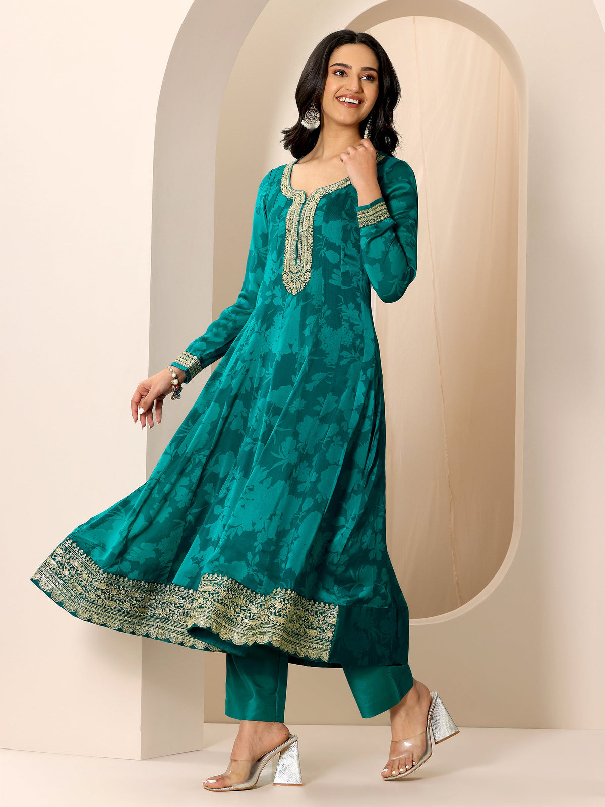 Libas Rama Printed Silk Chiffon Anarkali Suit Set With Dupatta