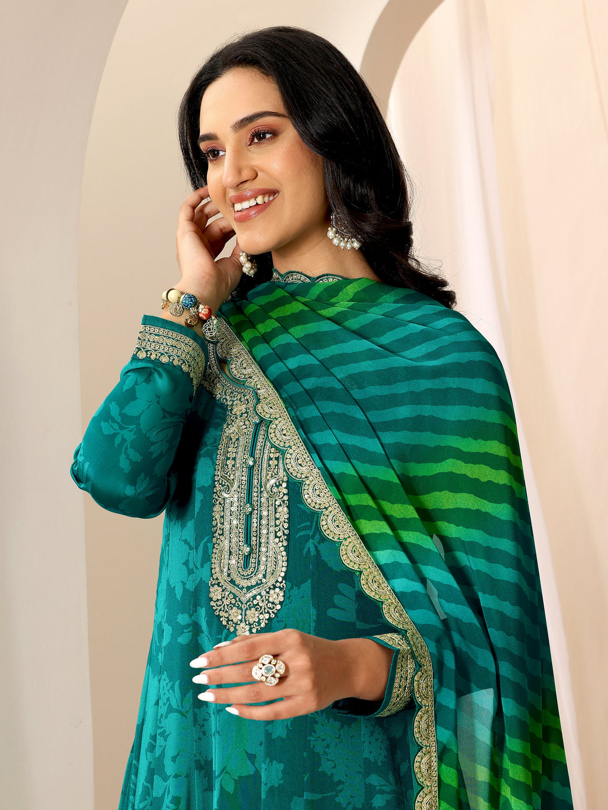 Libas Rama Printed Silk Chiffon Anarkali Suit Set With Dupatta