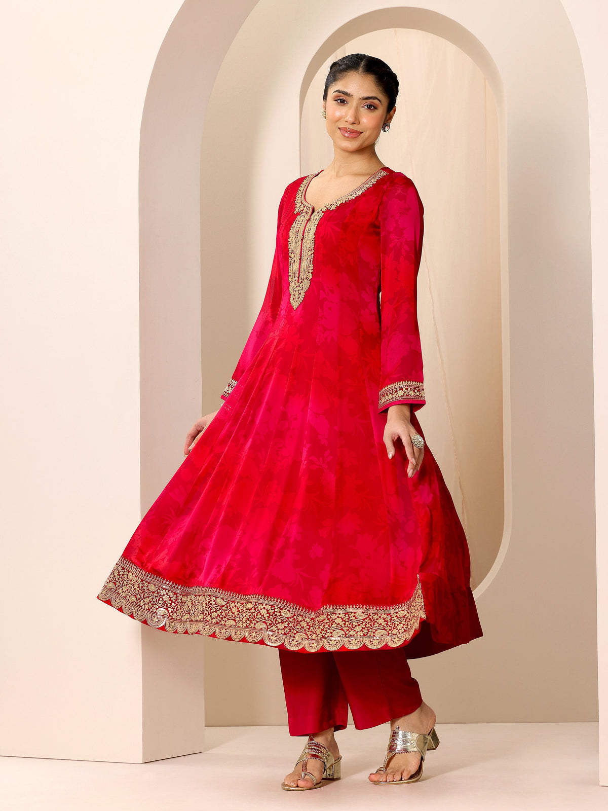 Libas Red Printed Silk Chiffon Anarkali Suit Set With Dupatta