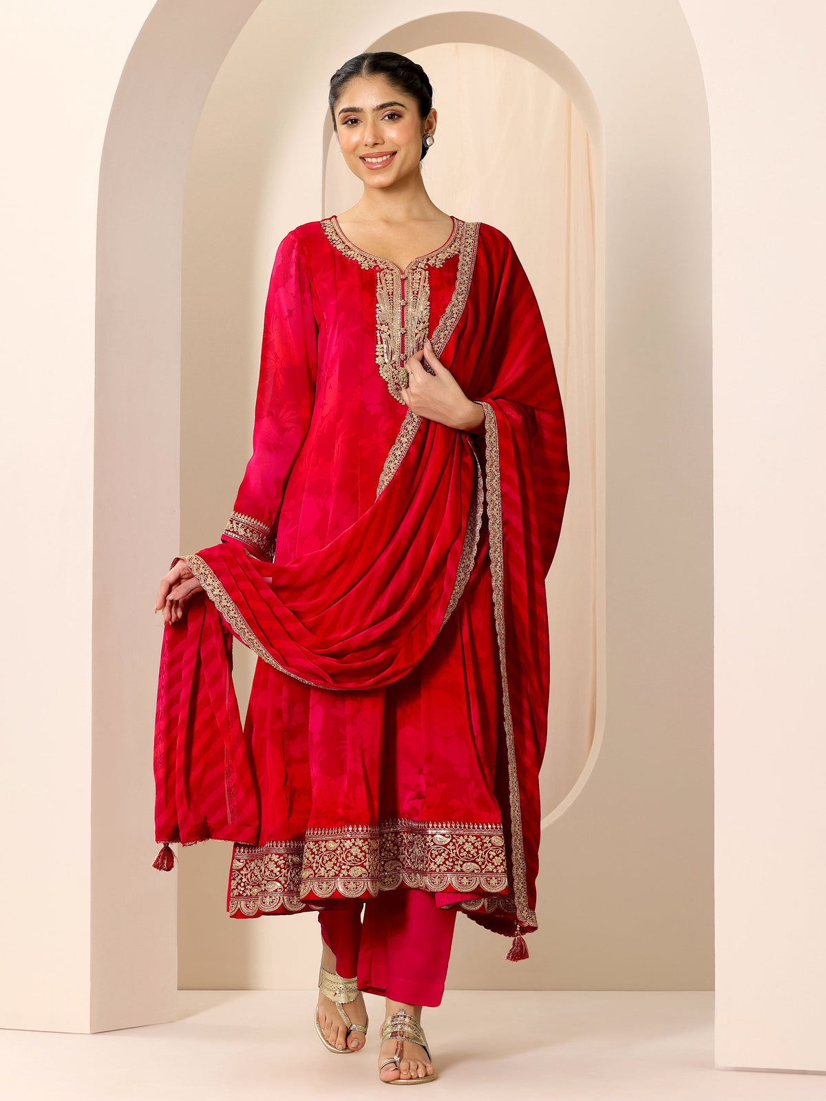 Libas Red Printed Silk Chiffon Anarkali Suit Set With Dupatta