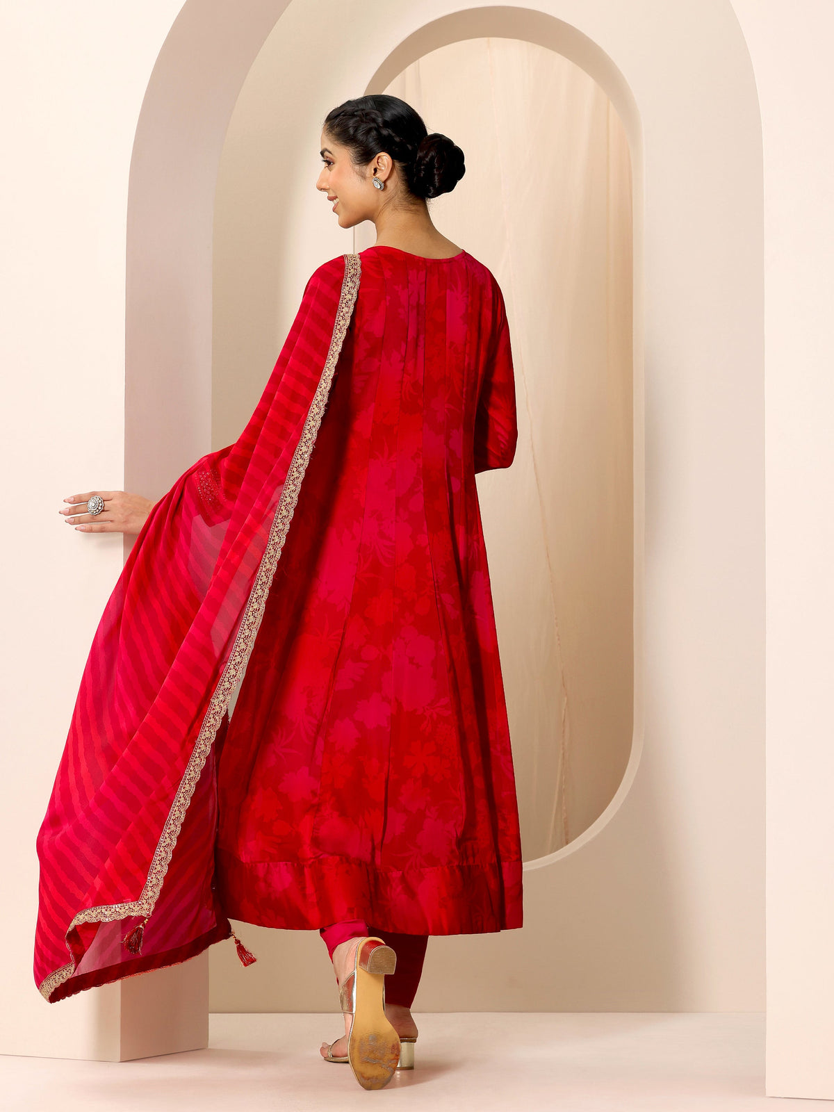 Libas Red Printed Silk Chiffon Anarkali Suit Set With Dupatta