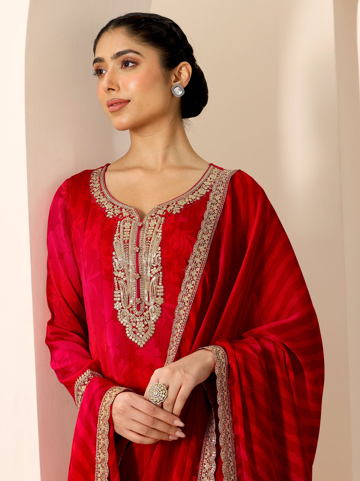 Libas Red Printed Silk Chiffon Anarkali Suit Set With Dupatta