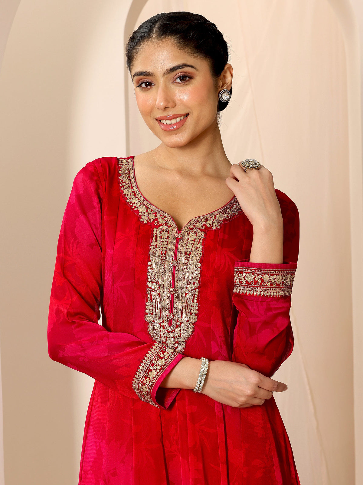 Libas Red Printed Silk Chiffon Anarkali Suit Set With Dupatta
