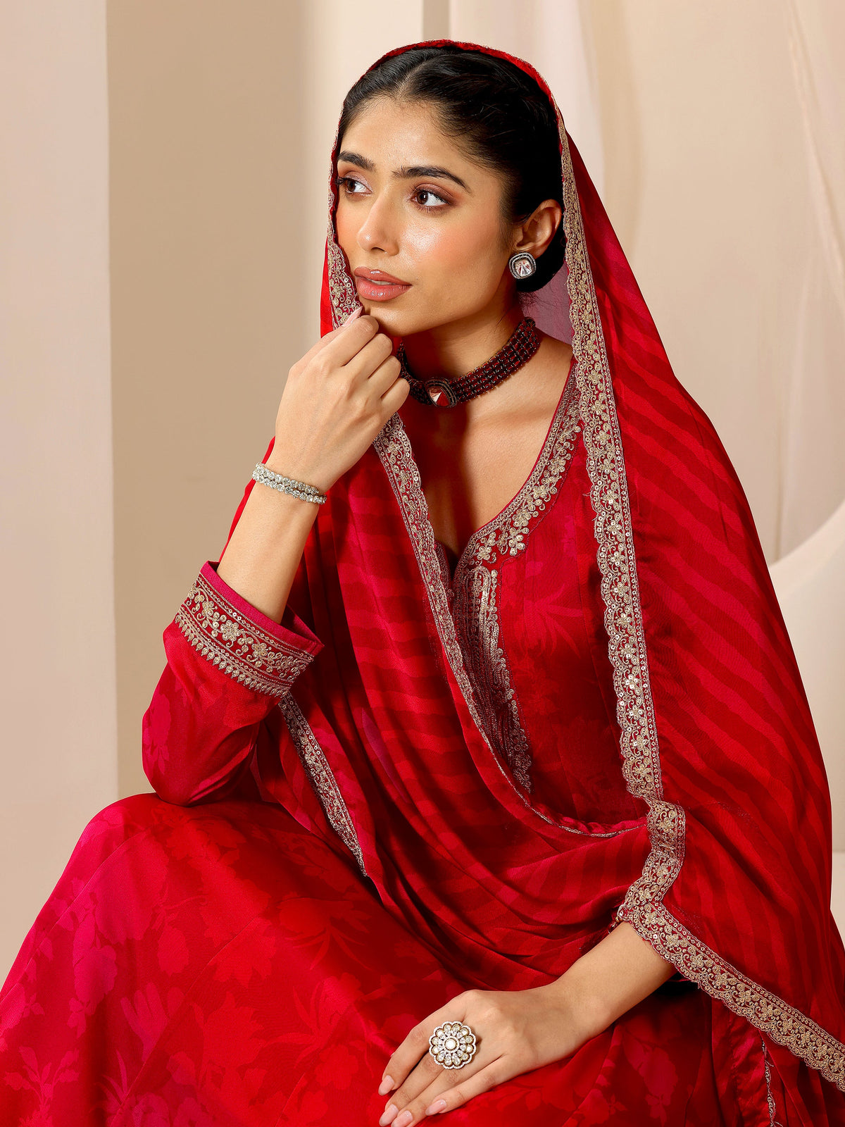 Libas Red Printed Silk Chiffon Anarkali Suit Set With Dupatta