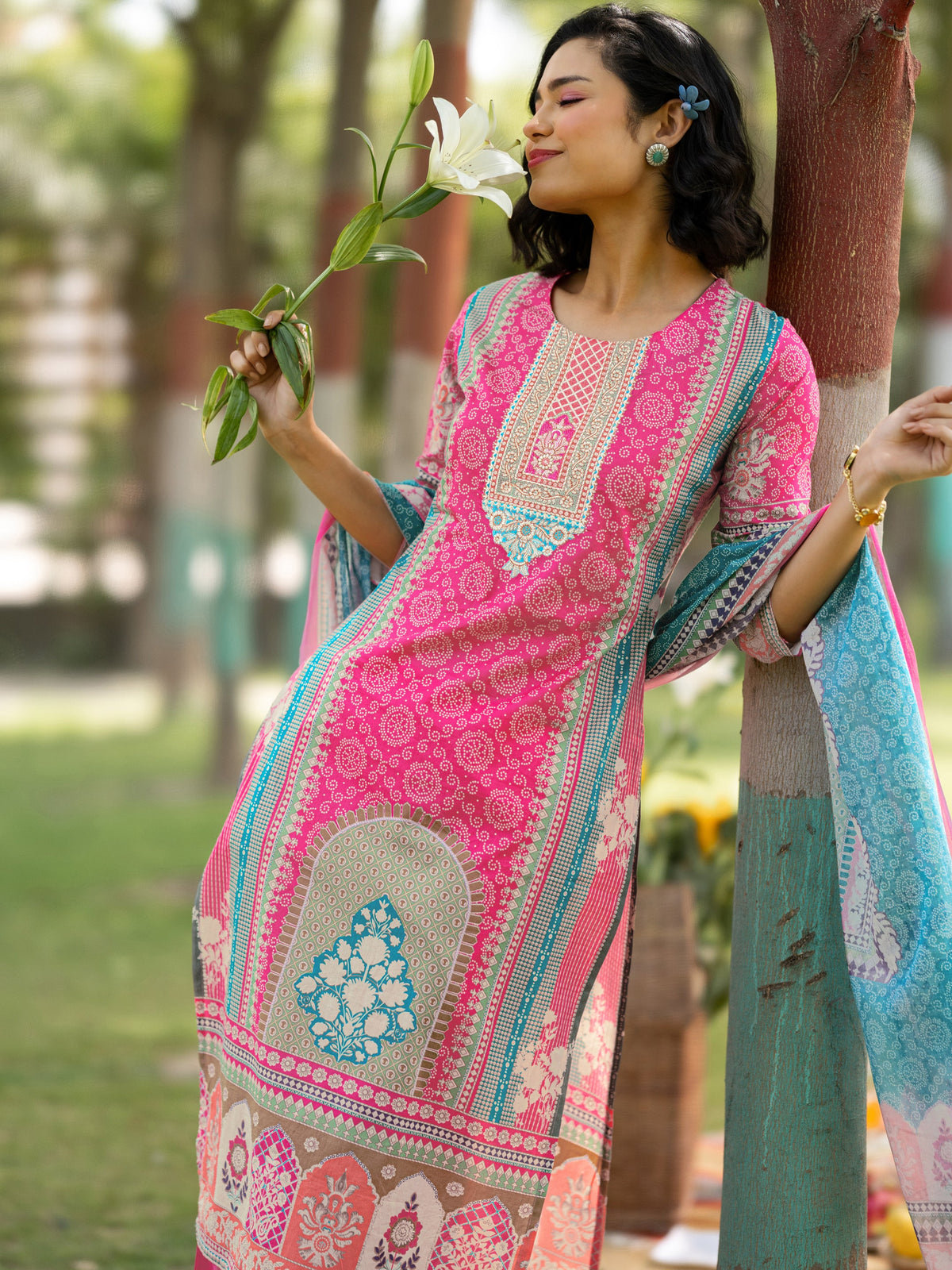 Libas Pink Printed Cotton Straight Suit Set With Dupatta