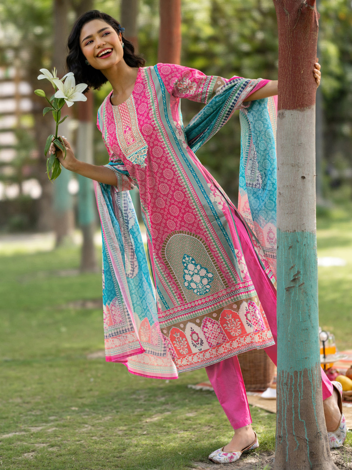 Libas Pink Printed Cotton Straight Suit Set With Dupatta
