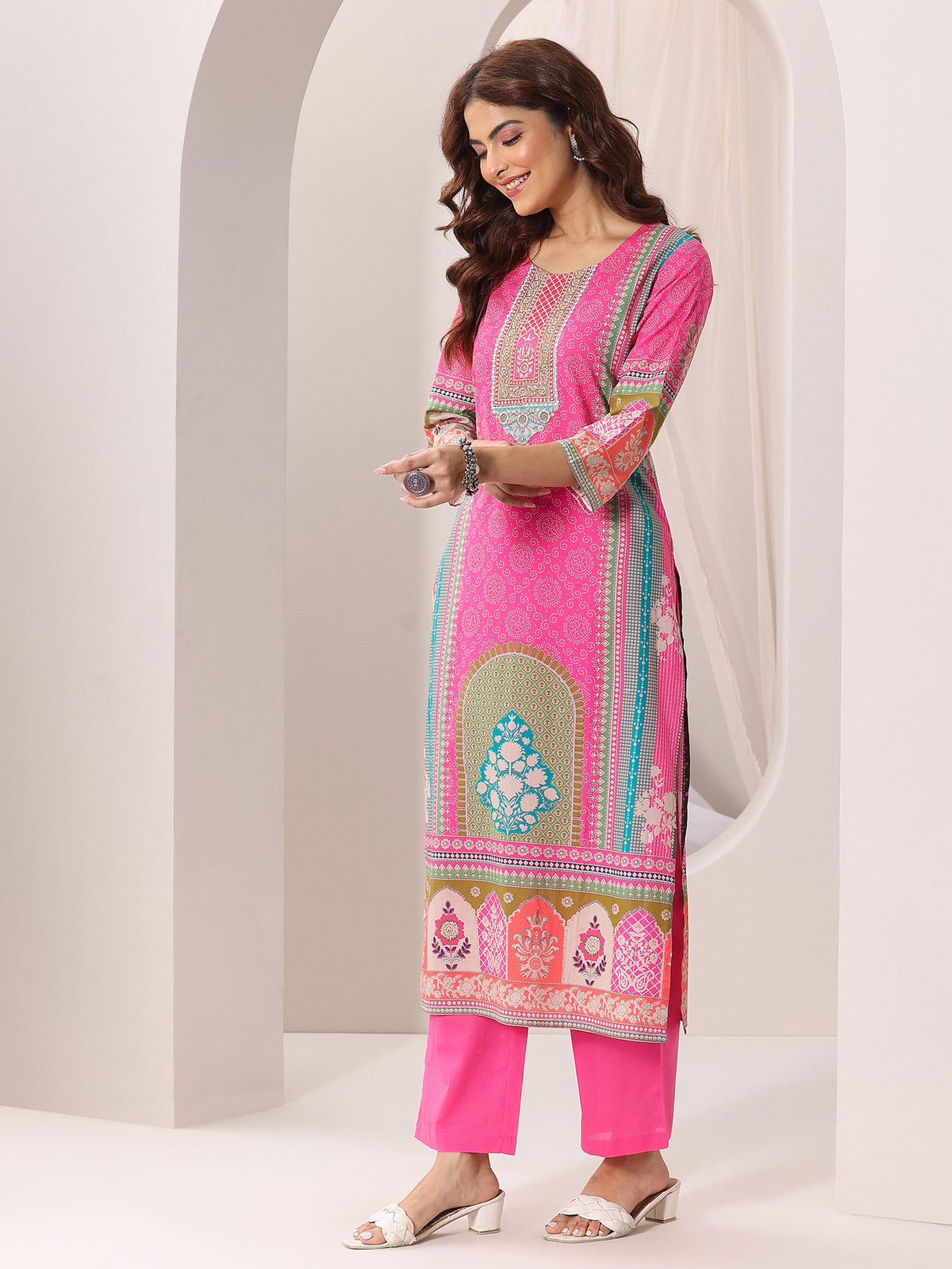 Libas Pink Printed Cotton Straight Suit Set With Dupatta