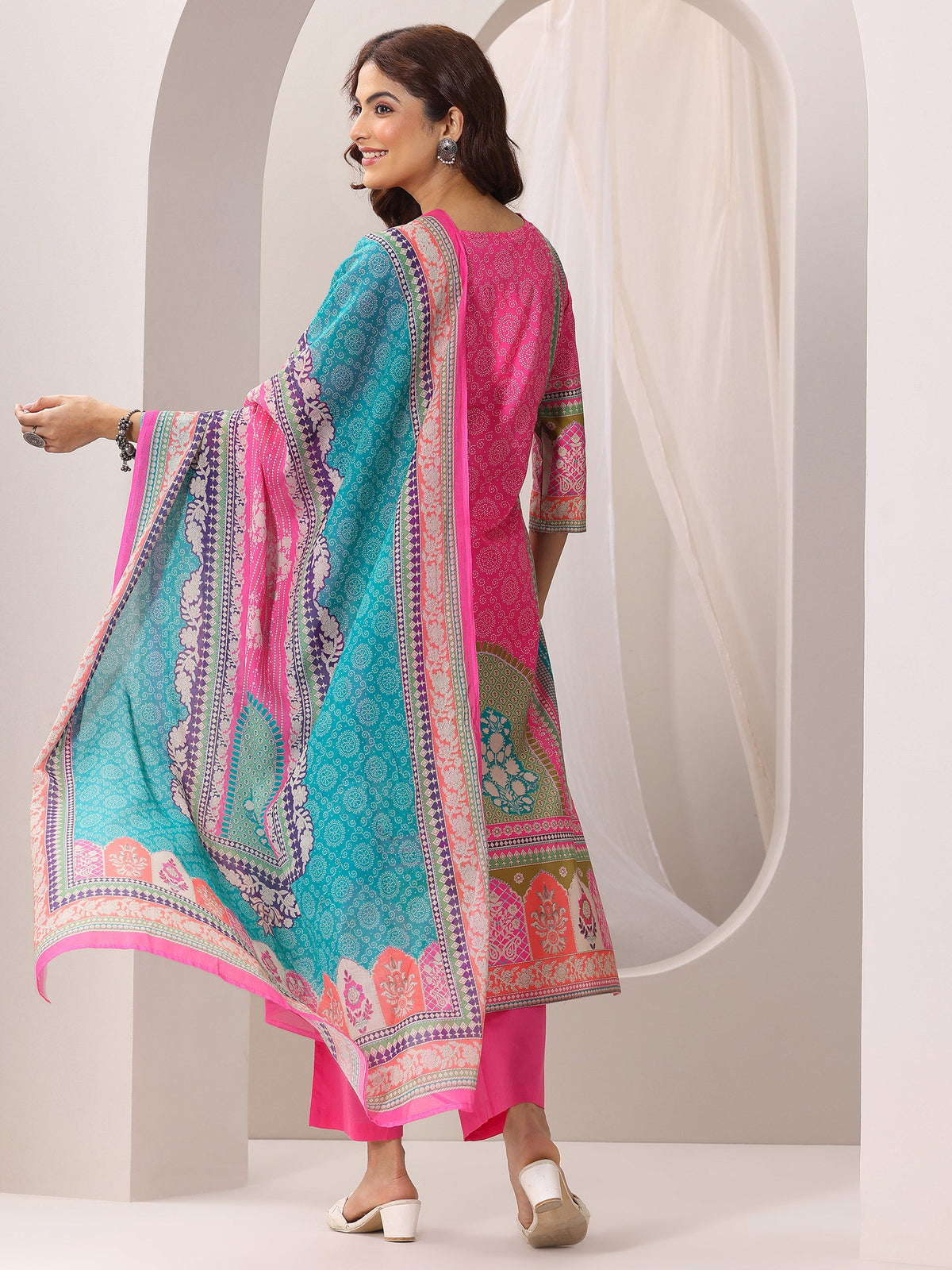 Libas Pink Printed Cotton Straight Suit Set With Dupatta