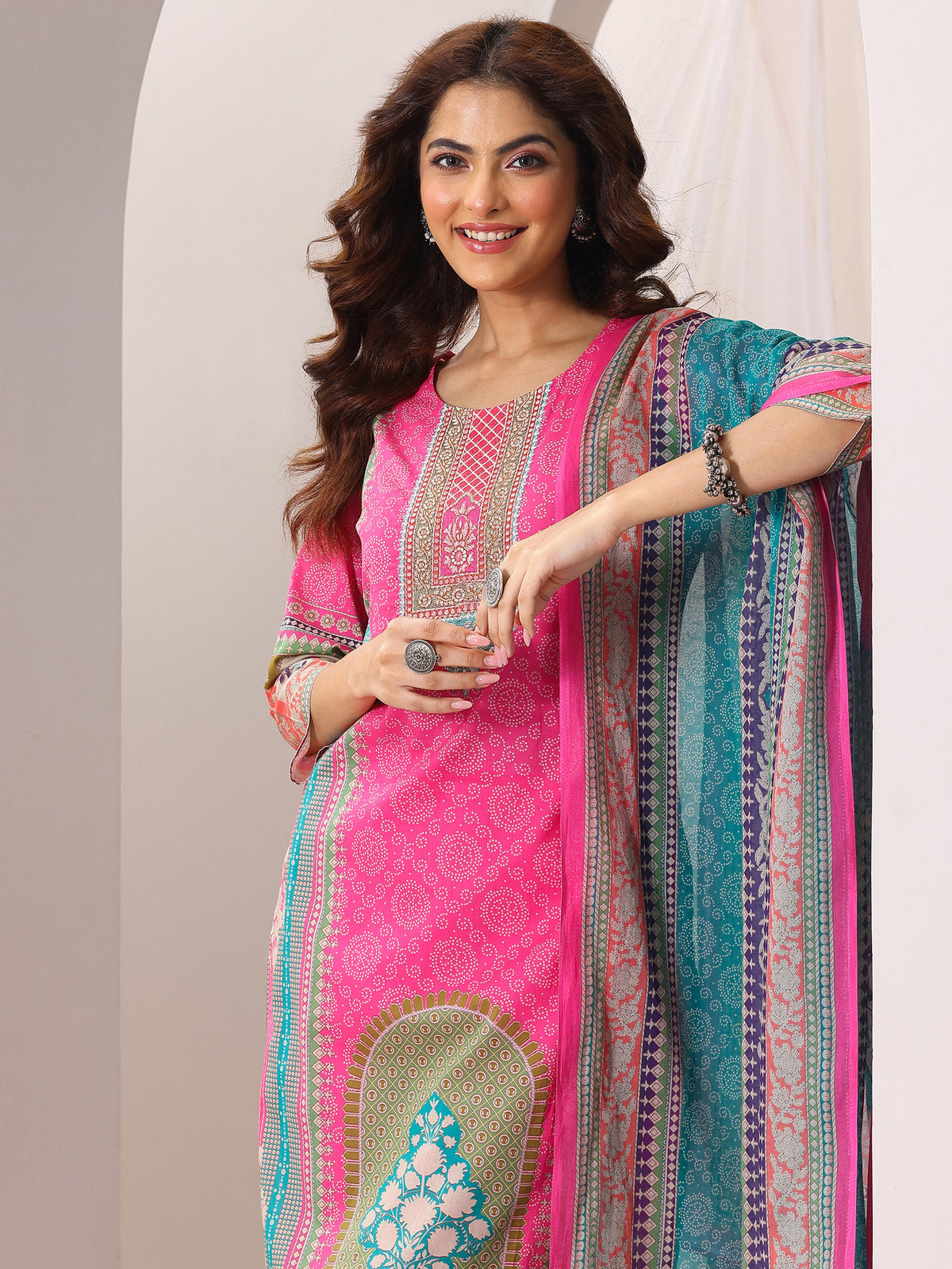 Libas Pink Printed Cotton Straight Suit Set With Dupatta