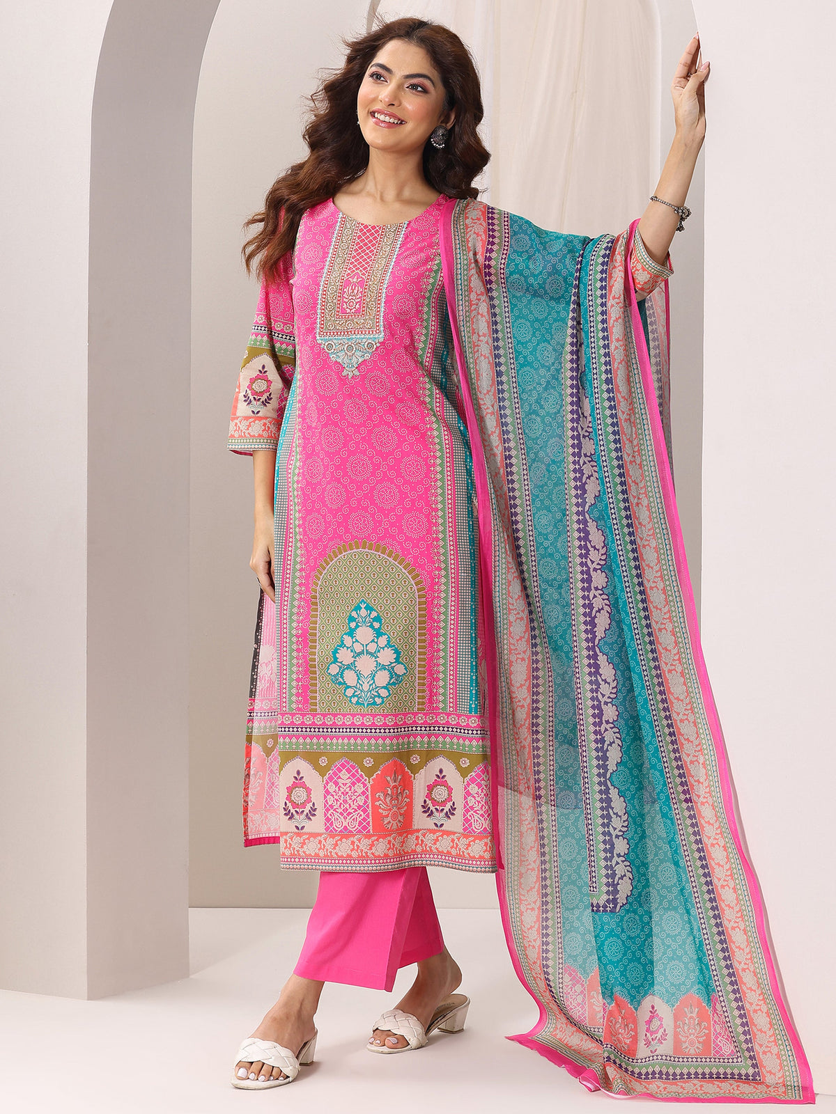 Libas Pink Printed Cotton Straight Suit Set With Dupatta