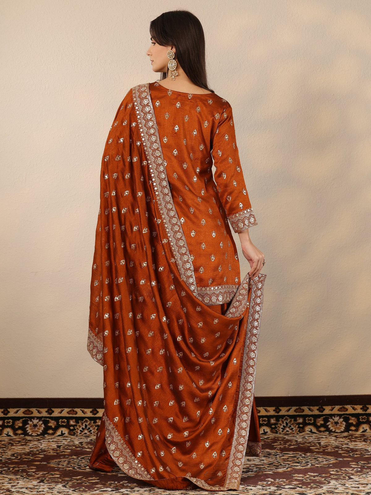 Libas Brown Embroidered Silk Blend Straight Suit Set With Dupatta