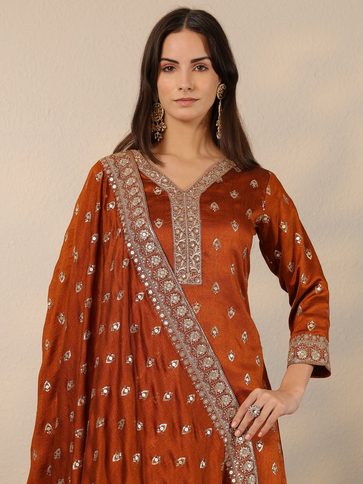Libas Brown Embroidered Silk Blend Straight Suit Set With Dupatta