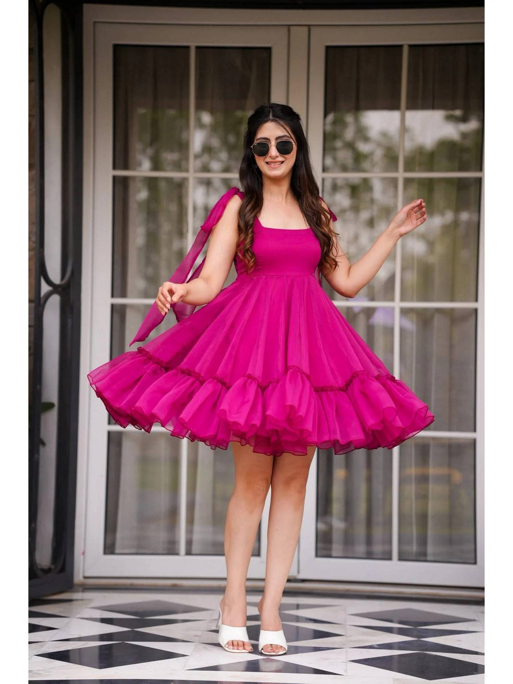 Organza Fit and Flared Pink Dress | D56 - view 1