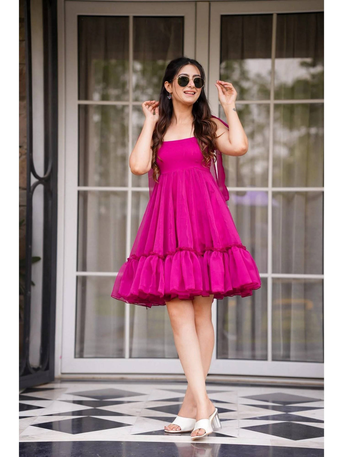 Organza Fit and Flared Pink Dress | D56 - view 3