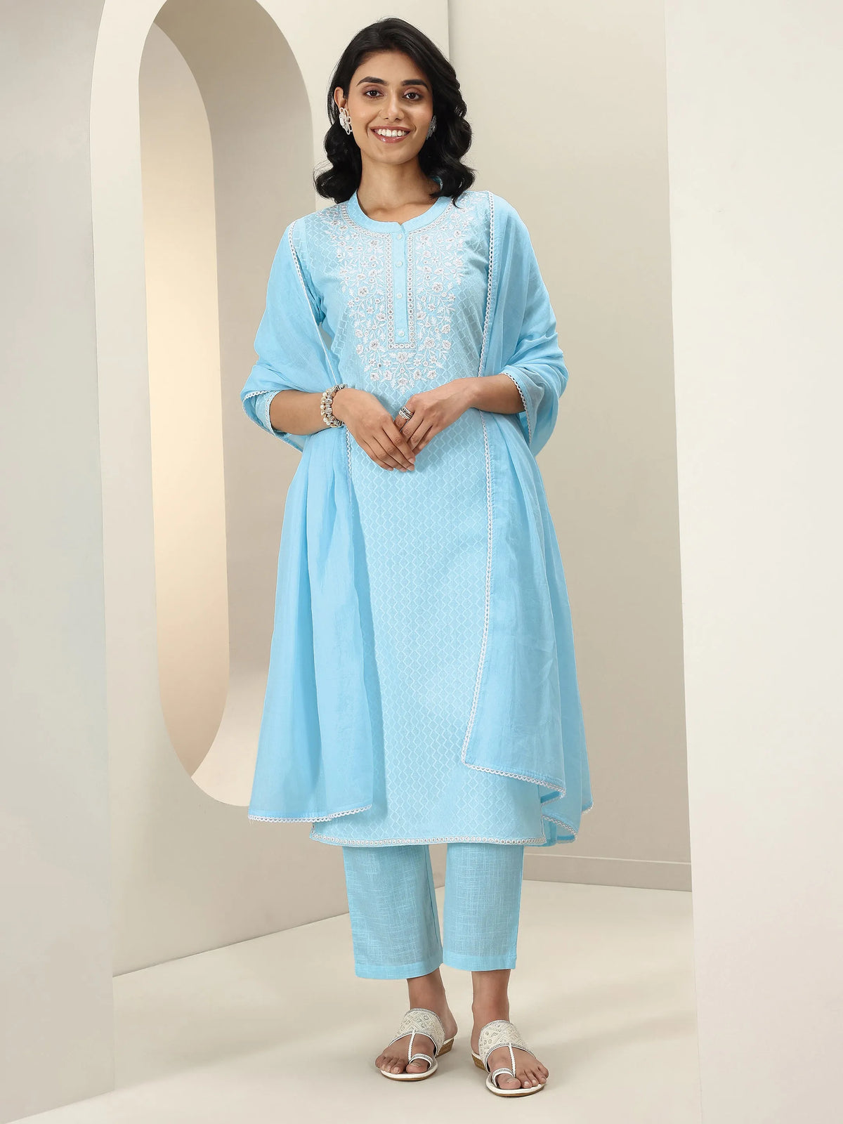 Libas Blue Embroidered Cotton Straight Suit Sets With Dupatta