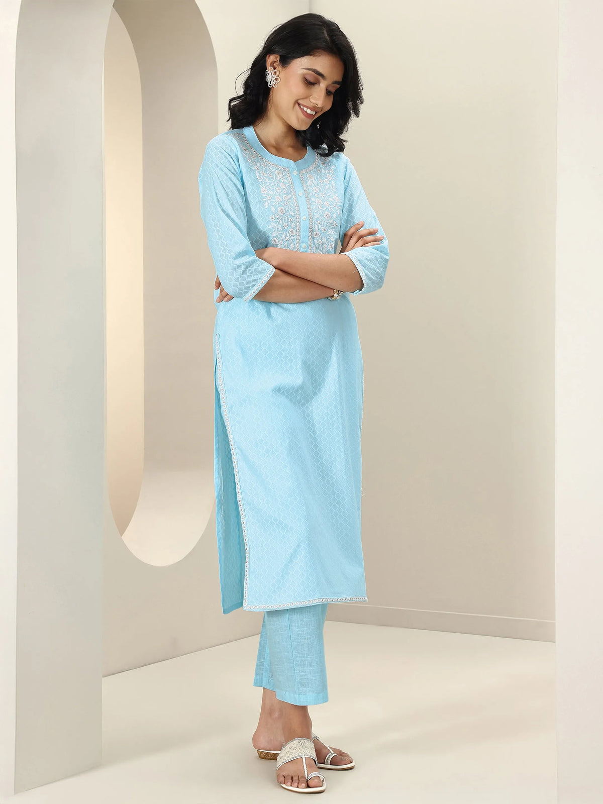 Libas Blue Embroidered Cotton Straight Suit Sets With Dupatta