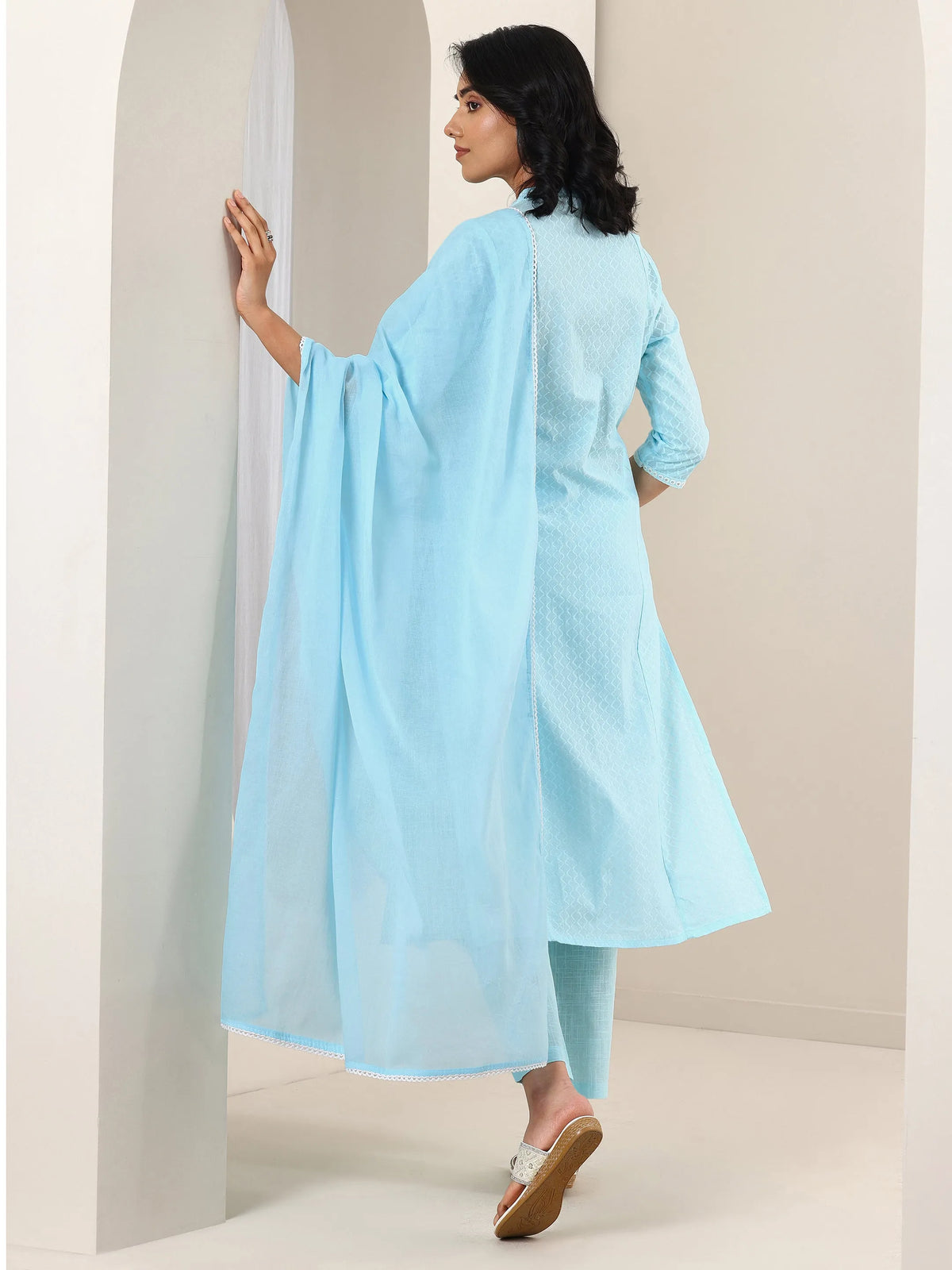 Libas Blue Embroidered Cotton Straight Suit Sets With Dupatta