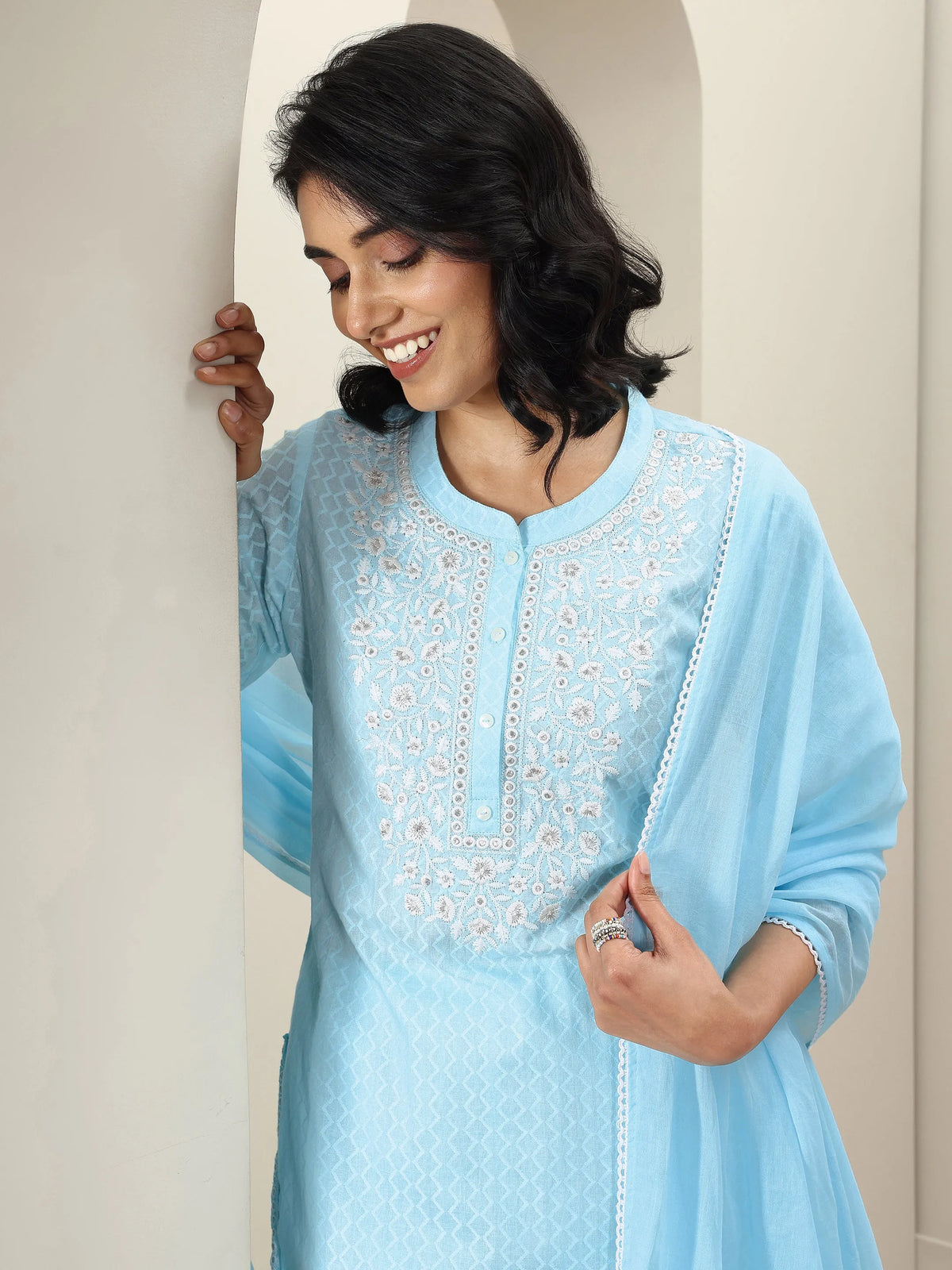Libas Blue Embroidered Cotton Straight Suit Sets With Dupatta