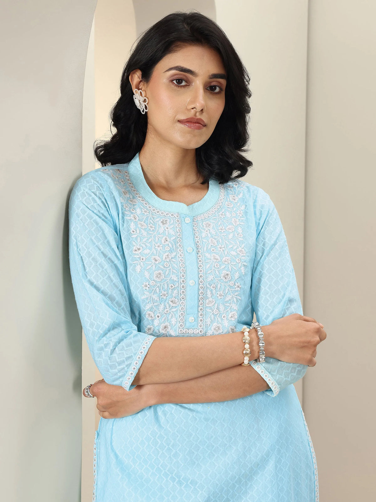 Libas Blue Embroidered Cotton Straight Suit Sets With Dupatta