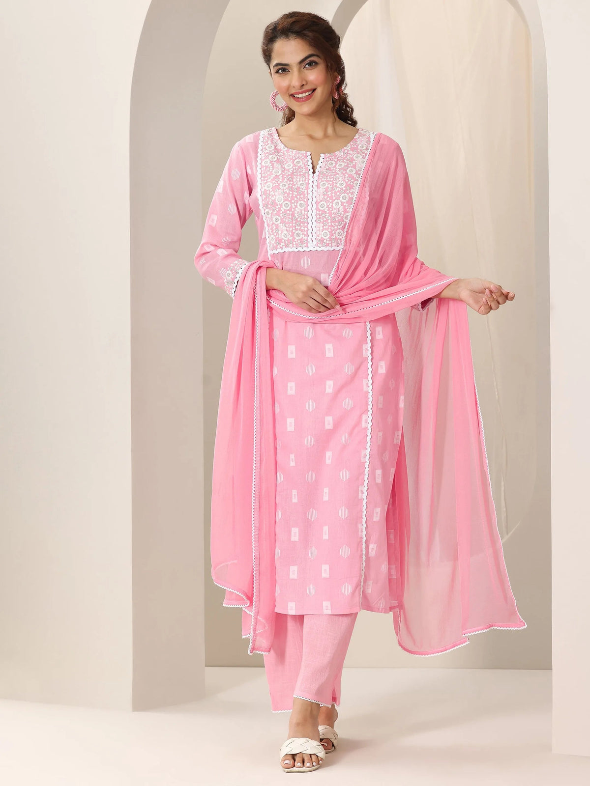 Libas Pink Embroidered Cotton Straight Suit Set With Dupatta