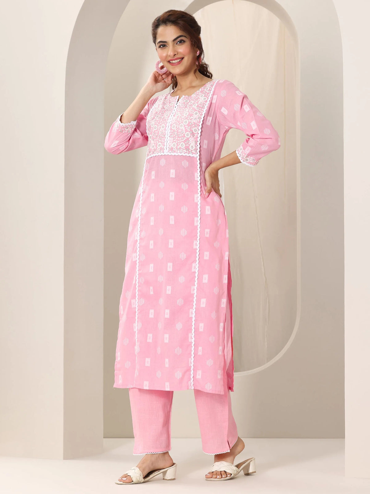 Libas Pink Embroidered Cotton Straight Suit Set With Dupatta