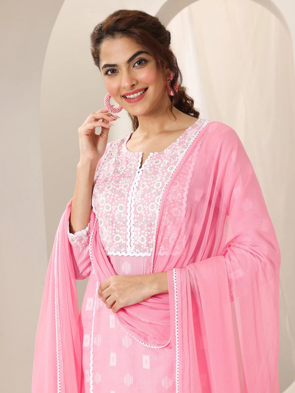 Libas Pink Embroidered Cotton Straight Suit Set With Dupatta