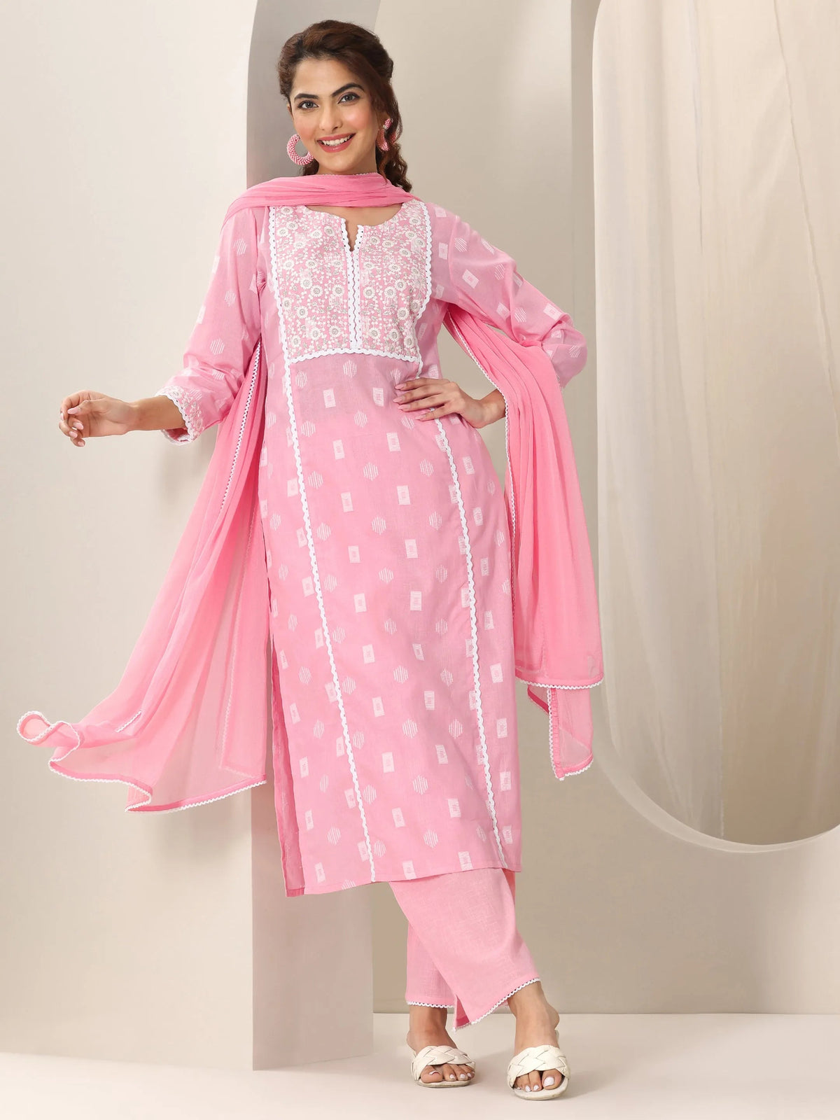 Libas Pink Embroidered Cotton Straight Suit Set With Dupatta