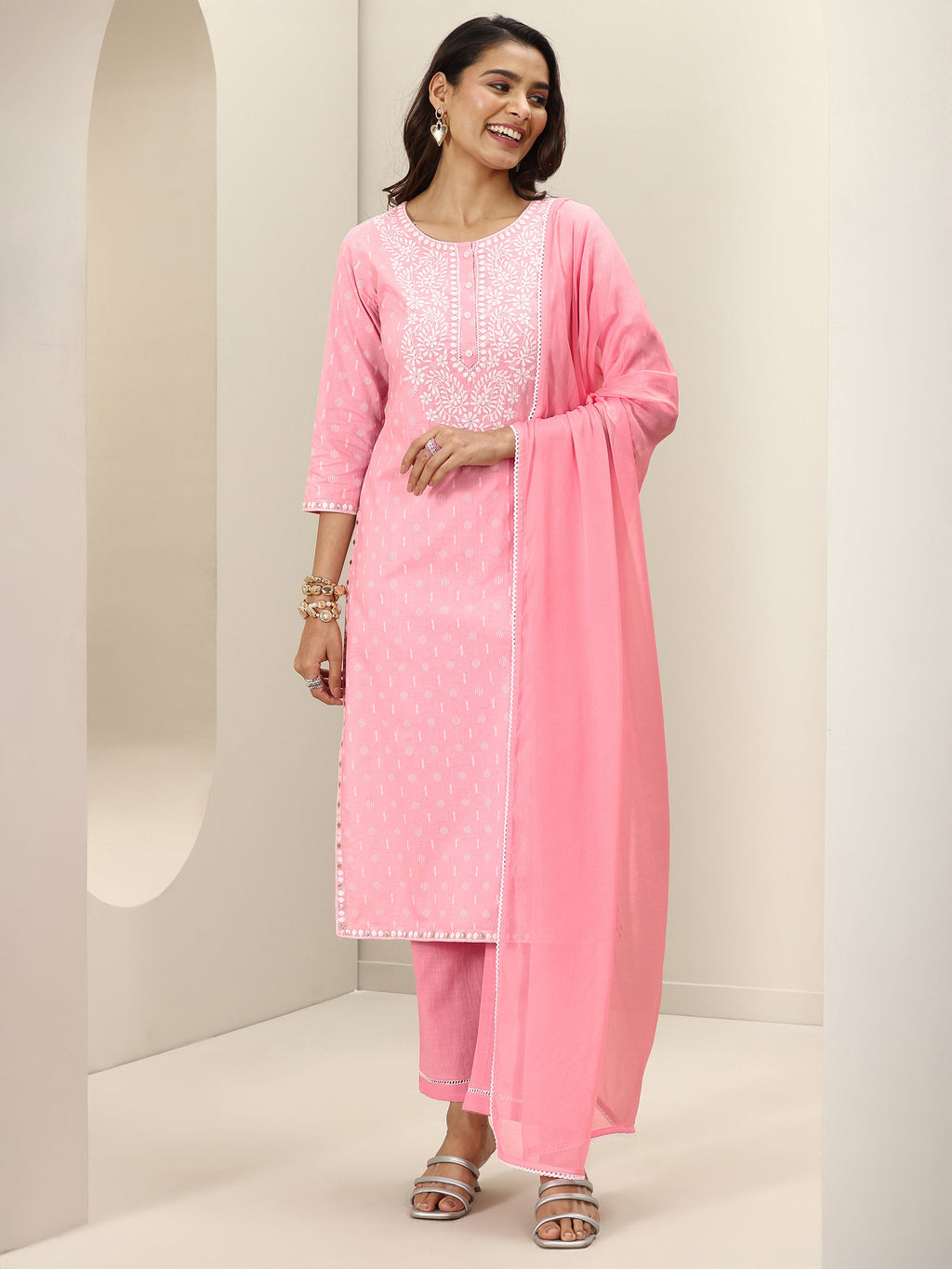 Libas Pink Embroidered Cotton Straight Suit Sets With Dupatta