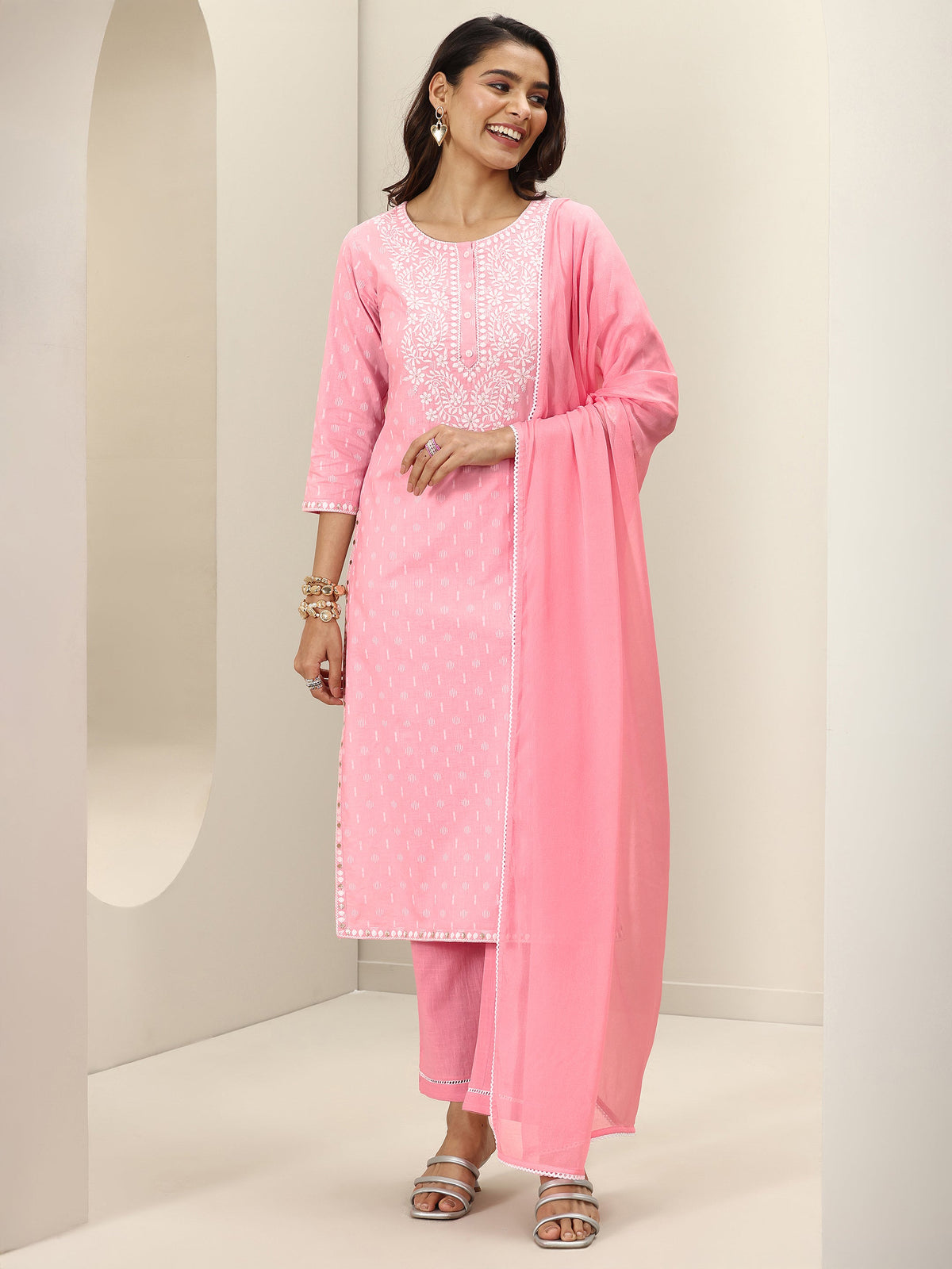 Libas Pink Embroidered Cotton Straight Suit Sets With Dupatta