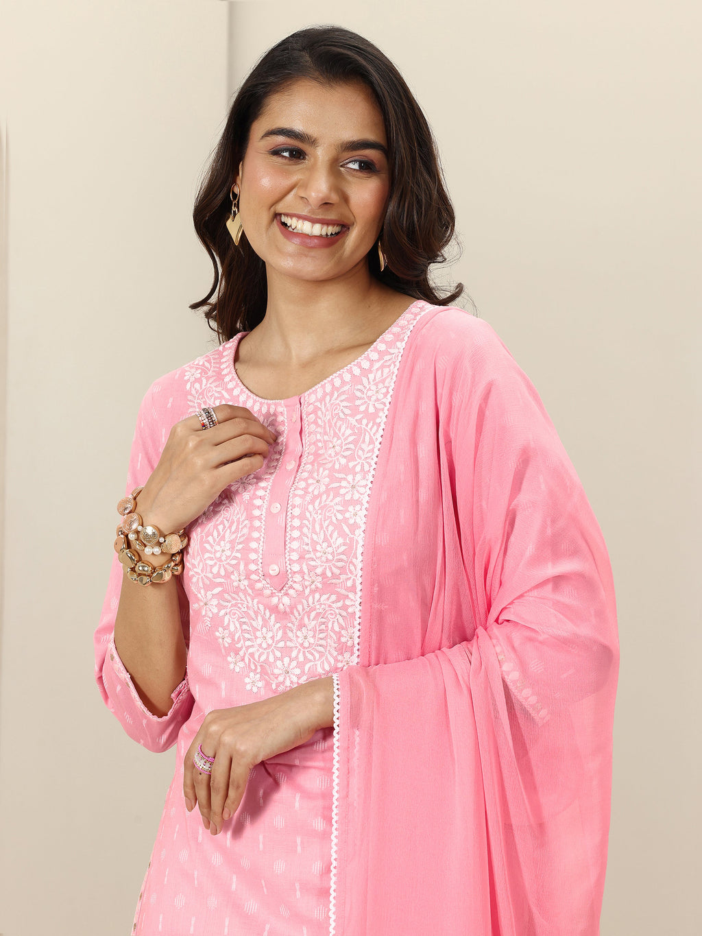 Libas Pink Embroidered Cotton Straight Suit Sets With Dupatta