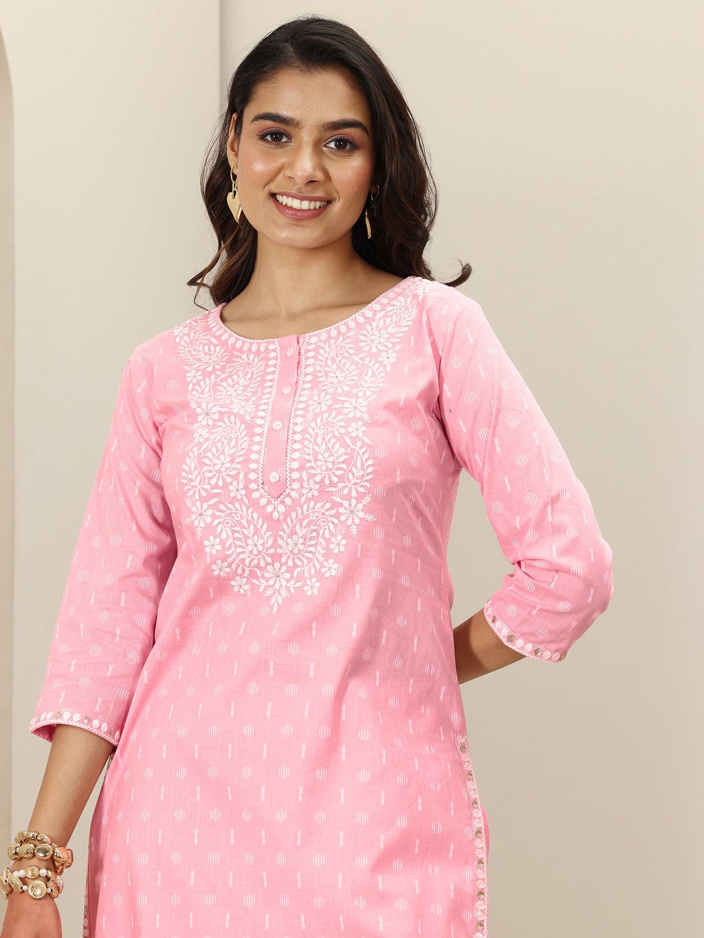 Libas Pink Embroidered Cotton Straight Suit Sets With Dupatta