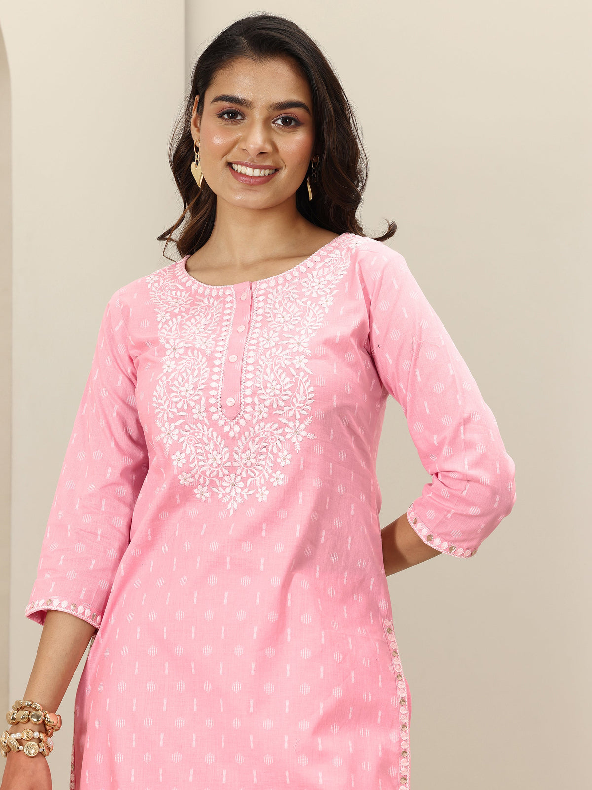 Libas Pink Embroidered Cotton Straight Suit Sets With Dupatta