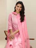 Libas Pink Embroidered Cotton Straight Suit Sets With Dupatta