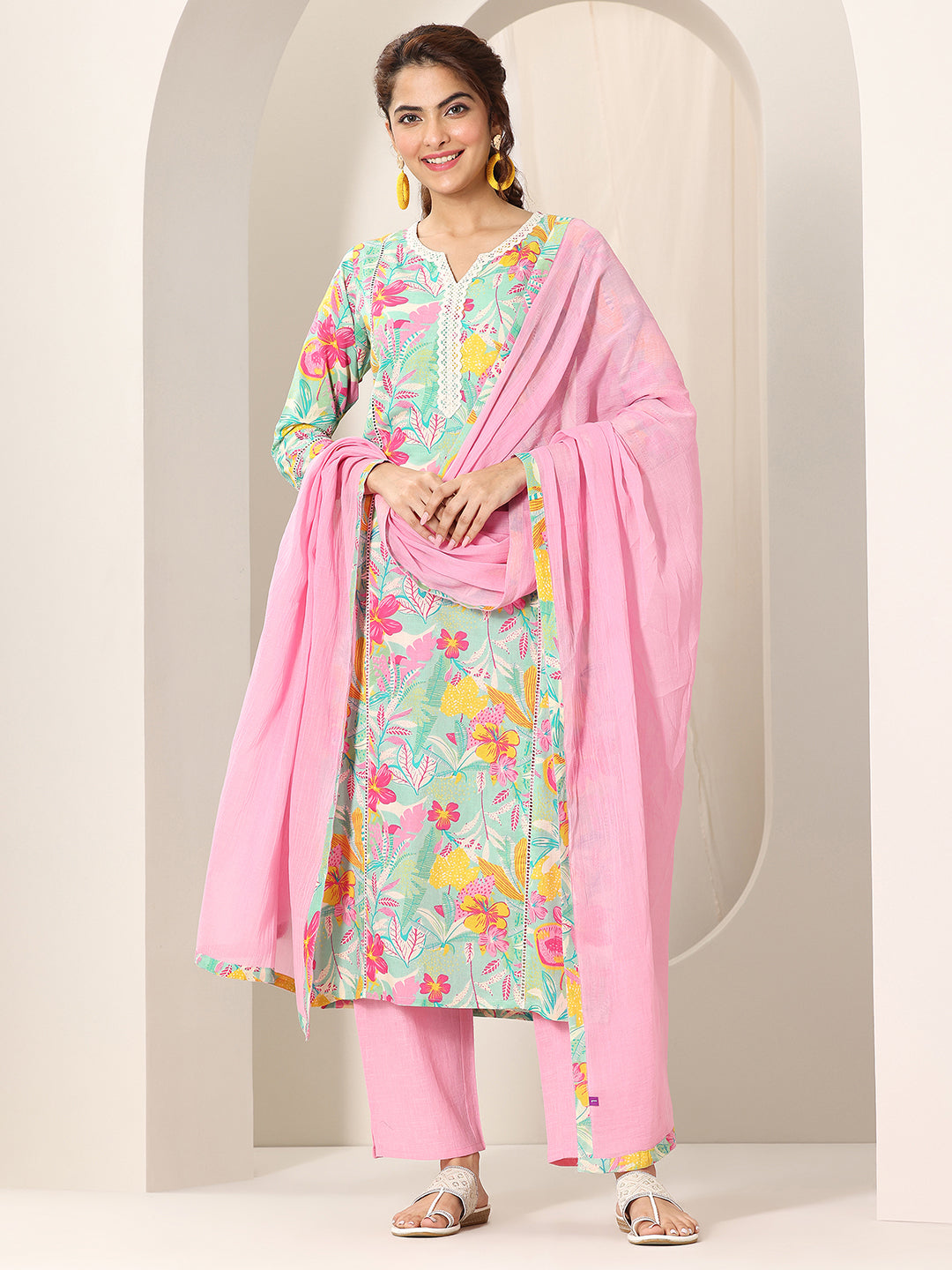 Libas Turquoise Blue Printed Cotton Straight Suit Set With Dupatta KS67