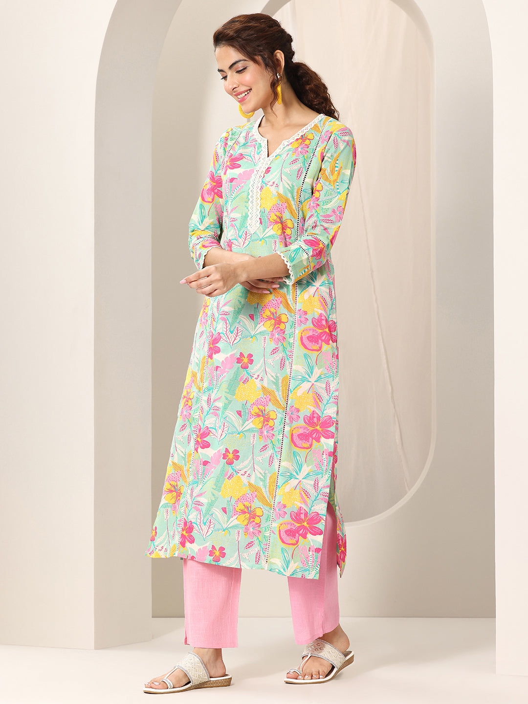 Libas Turquoise Blue Printed Cotton Straight Suit Set With Dupatta KS67