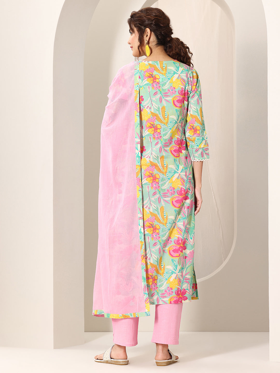 Libas Turquoise Blue Printed Cotton Straight Suit Set With Dupatta KS67