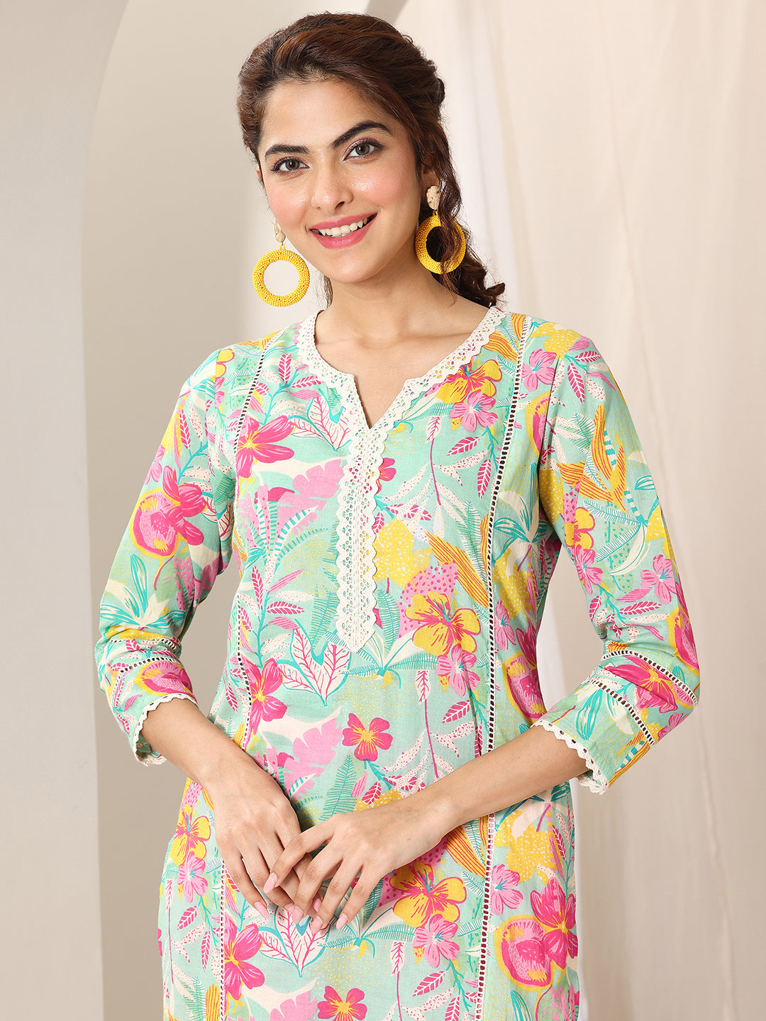 Libas Turquoise Blue Printed Cotton Straight Suit Set With Dupatta KS67