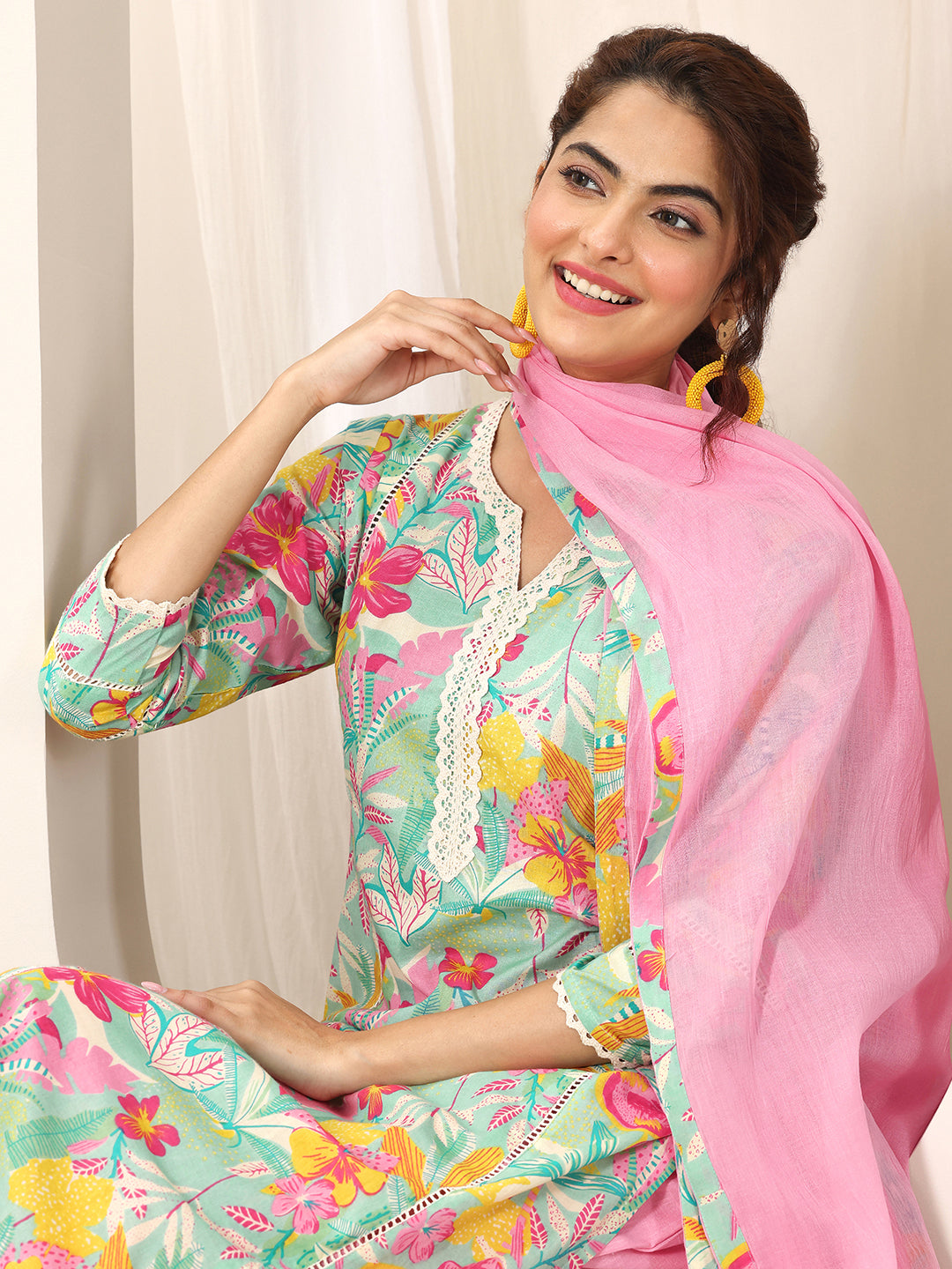 Libas Turquoise Blue Printed Cotton Straight Suit Set With Dupatta KS67