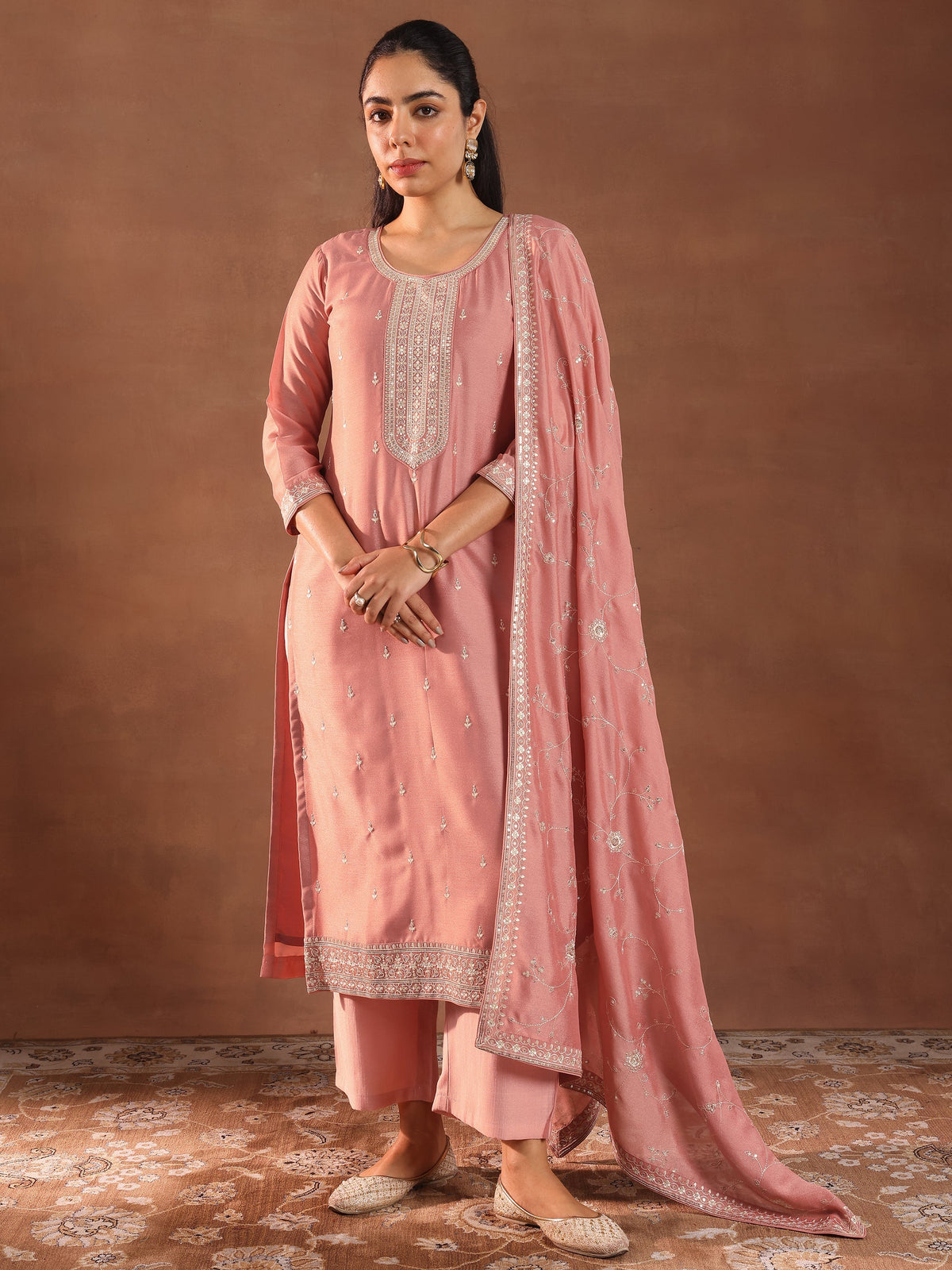Libas Peach Embroidered Silk Blend Straight Suit With Dupatta